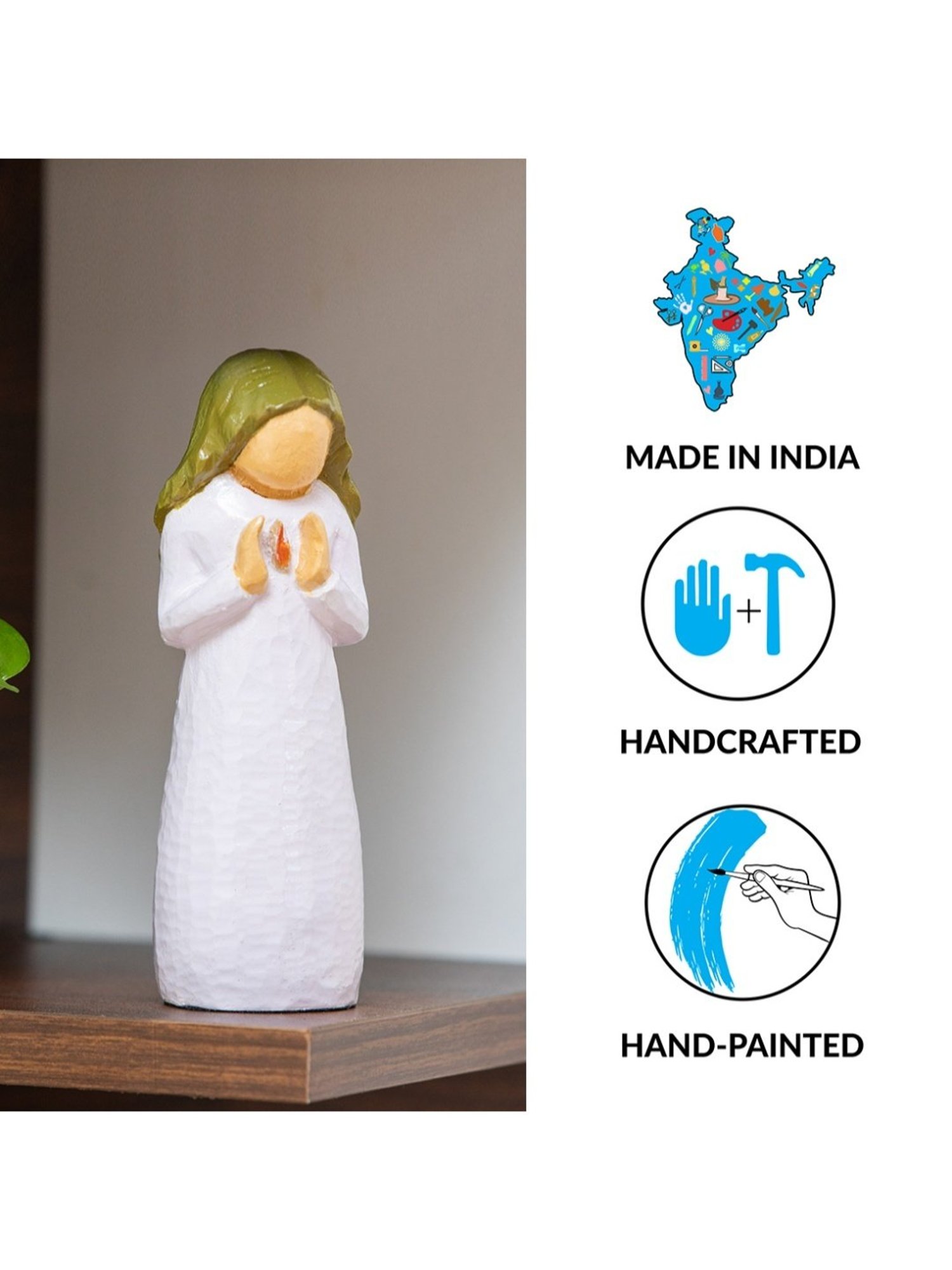 ExclusiveLane Hand-painted White & Sage Green Chedar Wood Heartbeats Showpiece