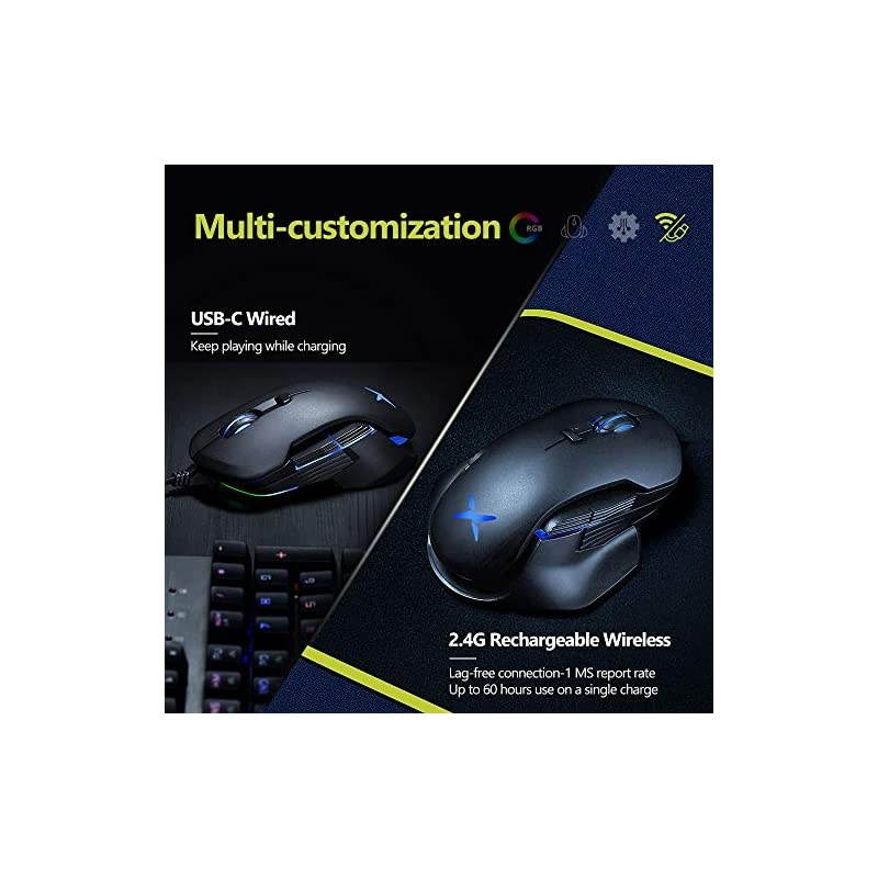 Wireless Gaming Mouse Rechargeable with 16000DPI, Chroma RGB and Ambidextrous Side Wing and Personalized Weights Design, 8 Programmable Buttons, Up to 50 Hr Battery Life(M627BU(3389)-Black)