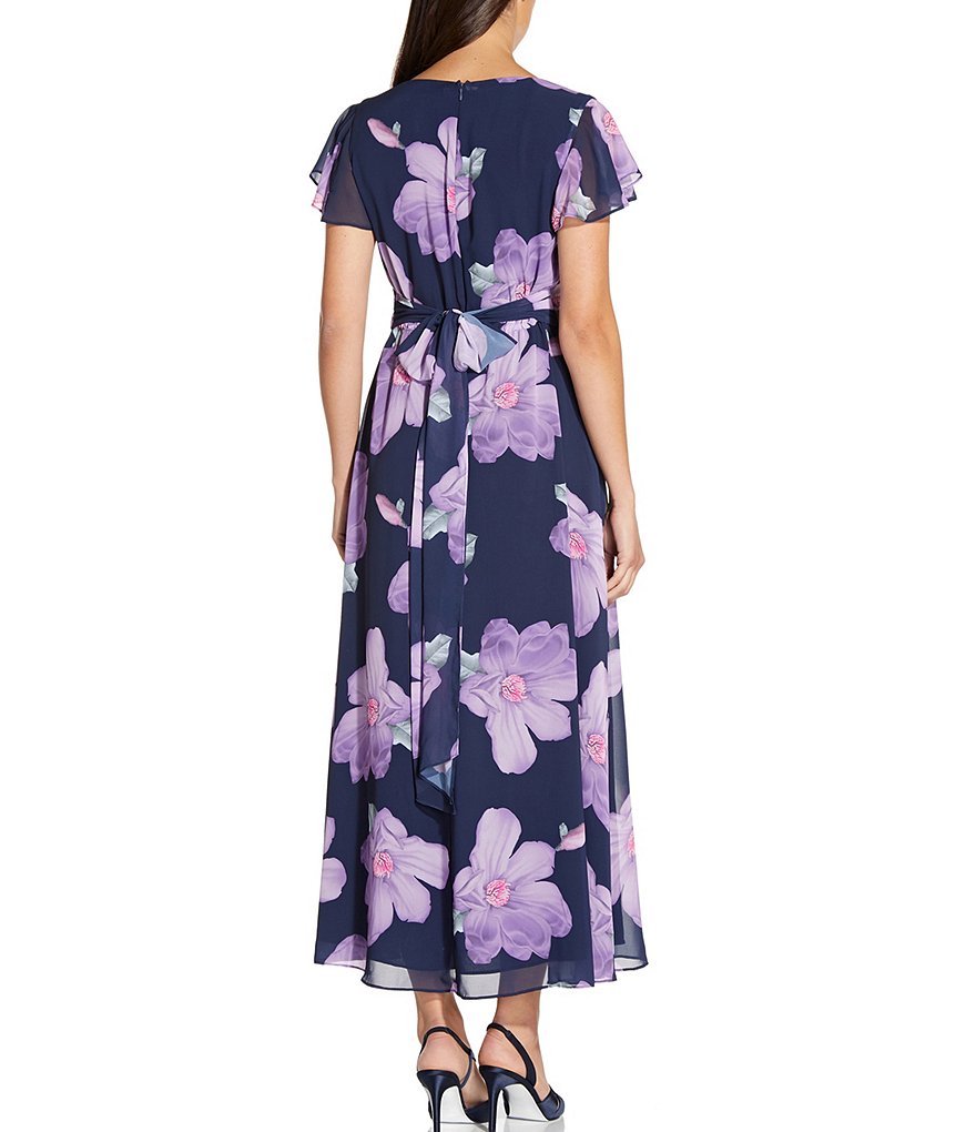 Adrianna Papell Floral Printed Chiffon Tie Waist Midi Dress