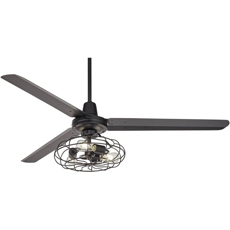 60" Casa Vieja Industrial 3 Blade Outdoor Ceiling Fan with Light Kit LED Remote Matte Black Metal Damp Patio Exterior House Porch