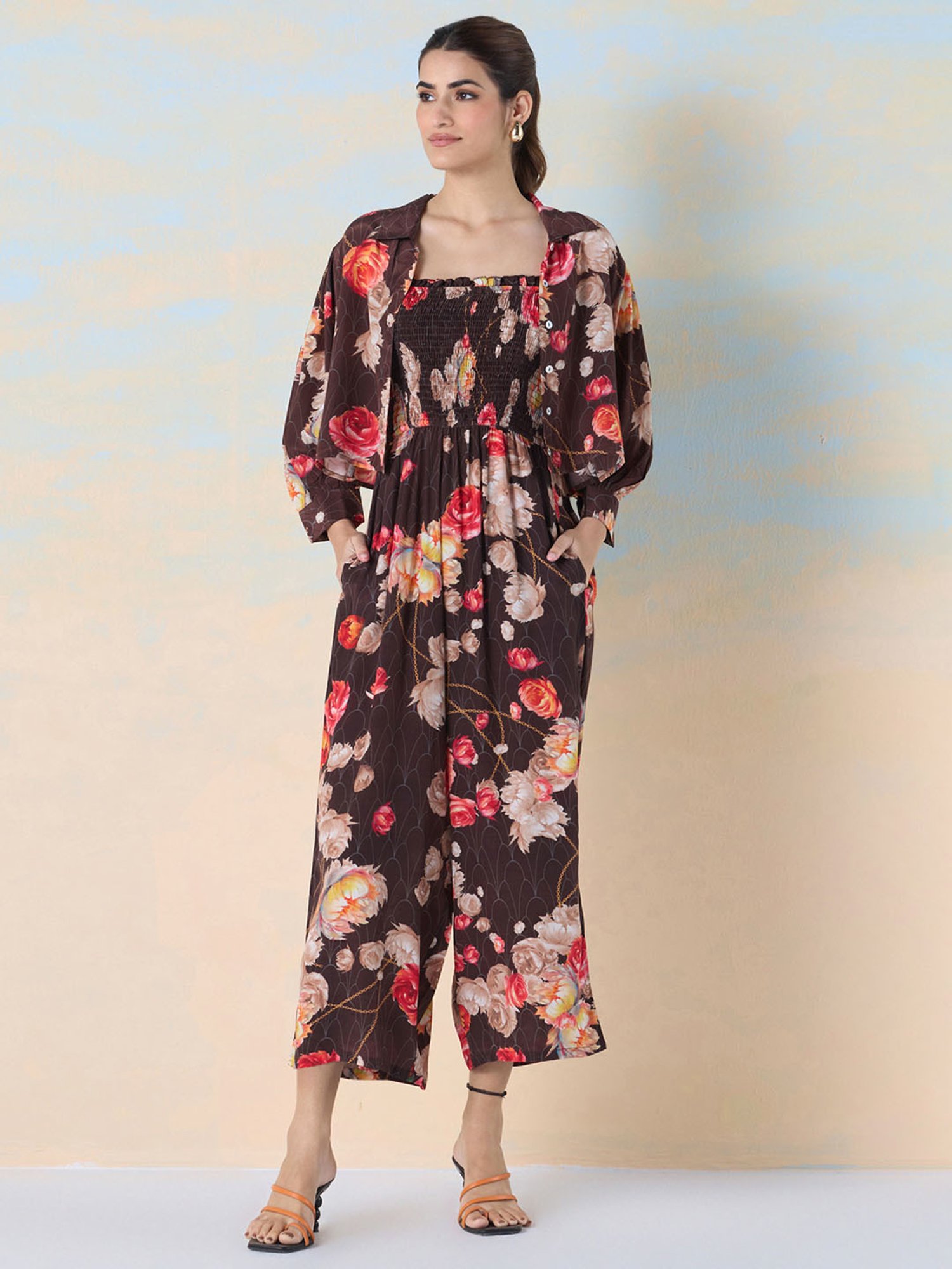 navyasa by liva Brown Floral Print Jumpsuit With Shirt