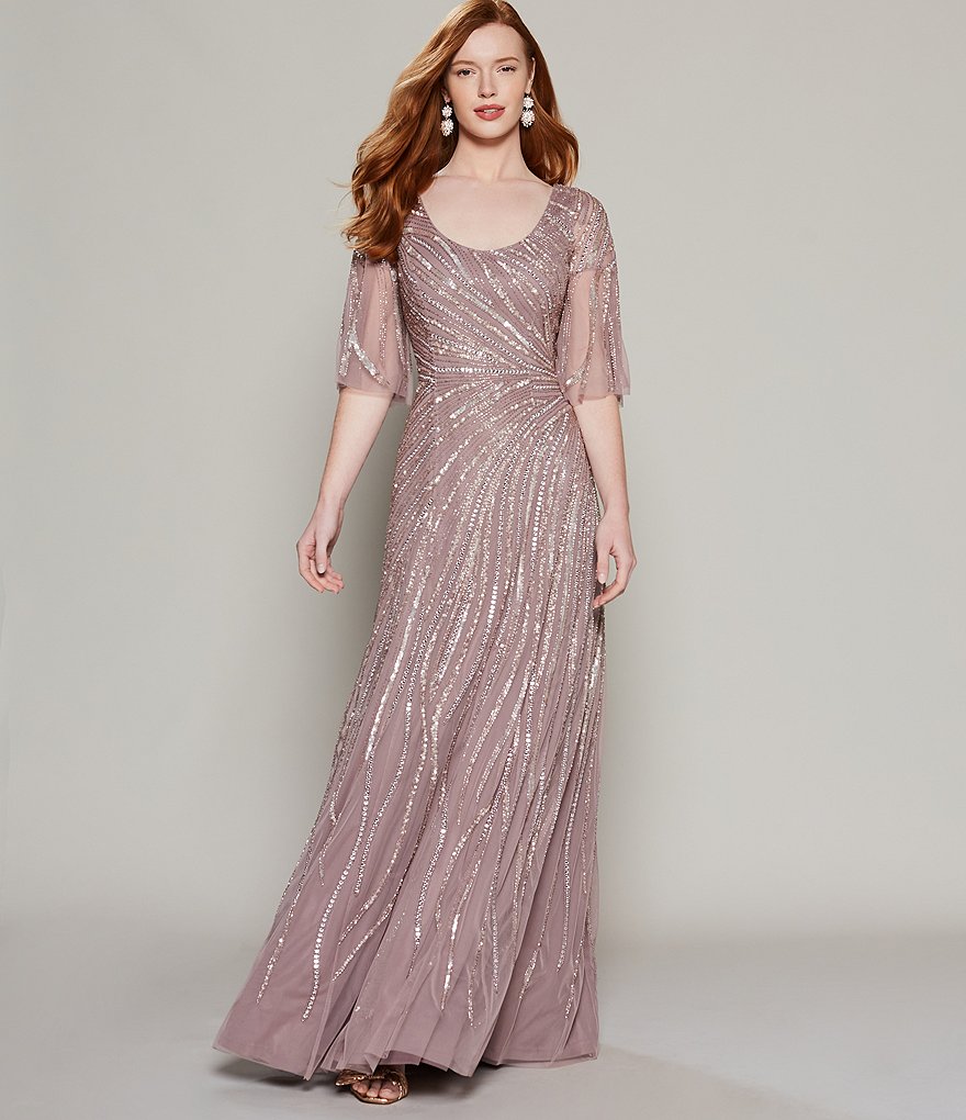 Aidan Mattox Flutter Sleeve Scoop Neck Beaded Mesh Gown