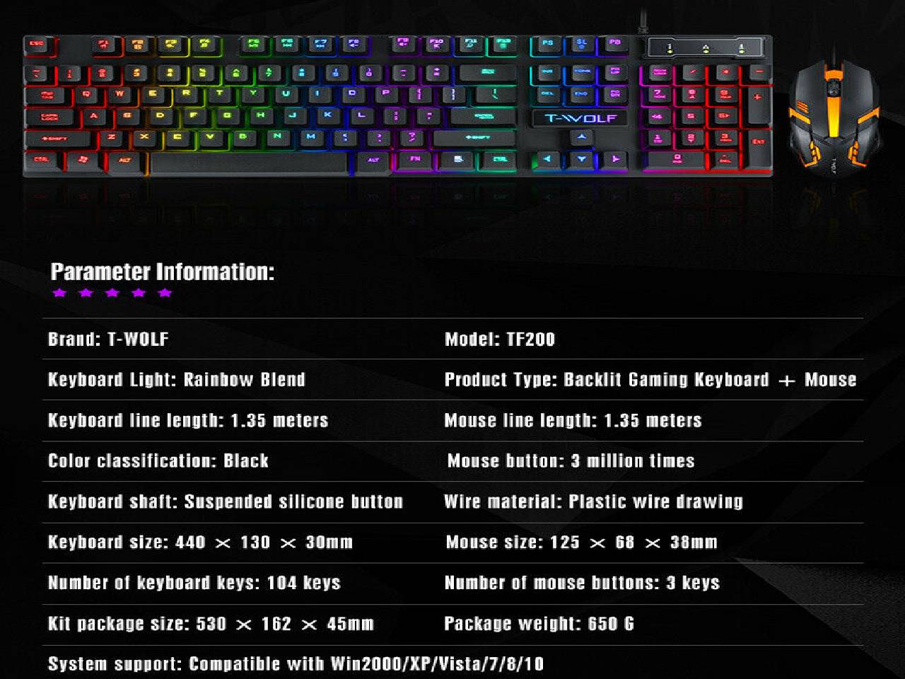 High Performance Gaming Keyboard and Mouse Combo, LED Rainbow Backlit USB Wired Computer Keyboard 104 Key, Spill-Resistant Design, Ergonomic Wrist Rest Keyboard Mouse Set for Windows PC Gamer - Black