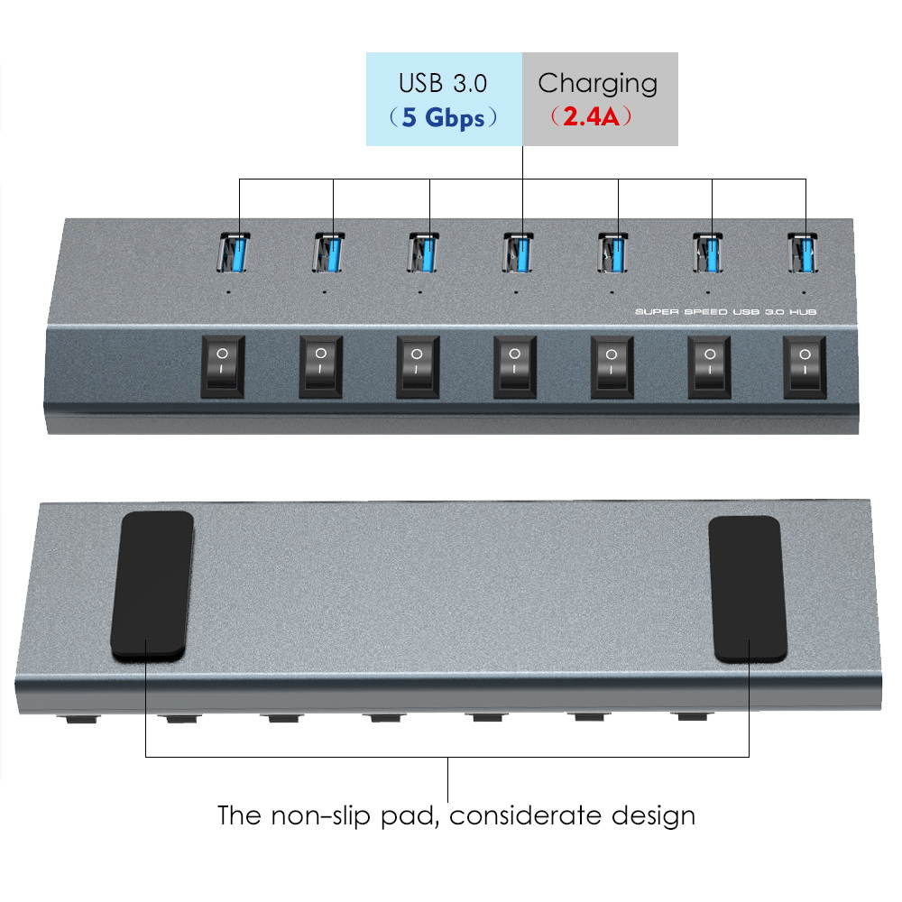 7-Port USB 3.0 Superspeed Hub with 48W Power Adapter, On/Off Switches with BC 1.2 Charging  up to 5V/2.4A per port Support for Macbook, iPad, iPhone, Laptops, Tablets, Mobile HDD and more