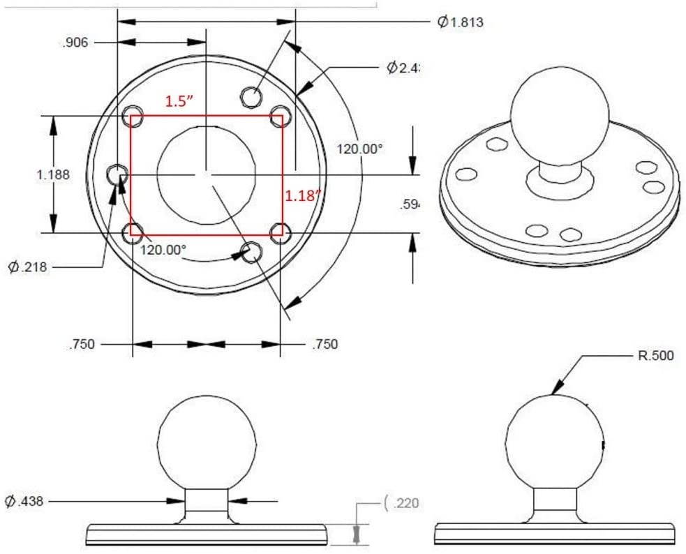RAM MOUNTS (RAM-B-101U-A 1" Diameter Ball Mount with Short Double Socket Arm & 2/2.5" Round Bases That Contain The Amps Hole Pattern