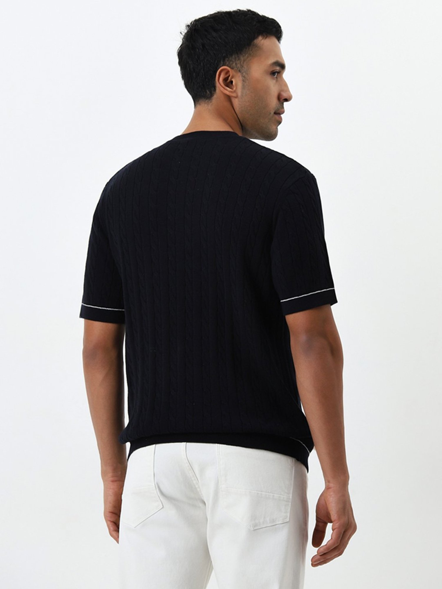 Ascot by Westside Navy Ribbed Textured Relaxed-Fit Cotton T-Shirt