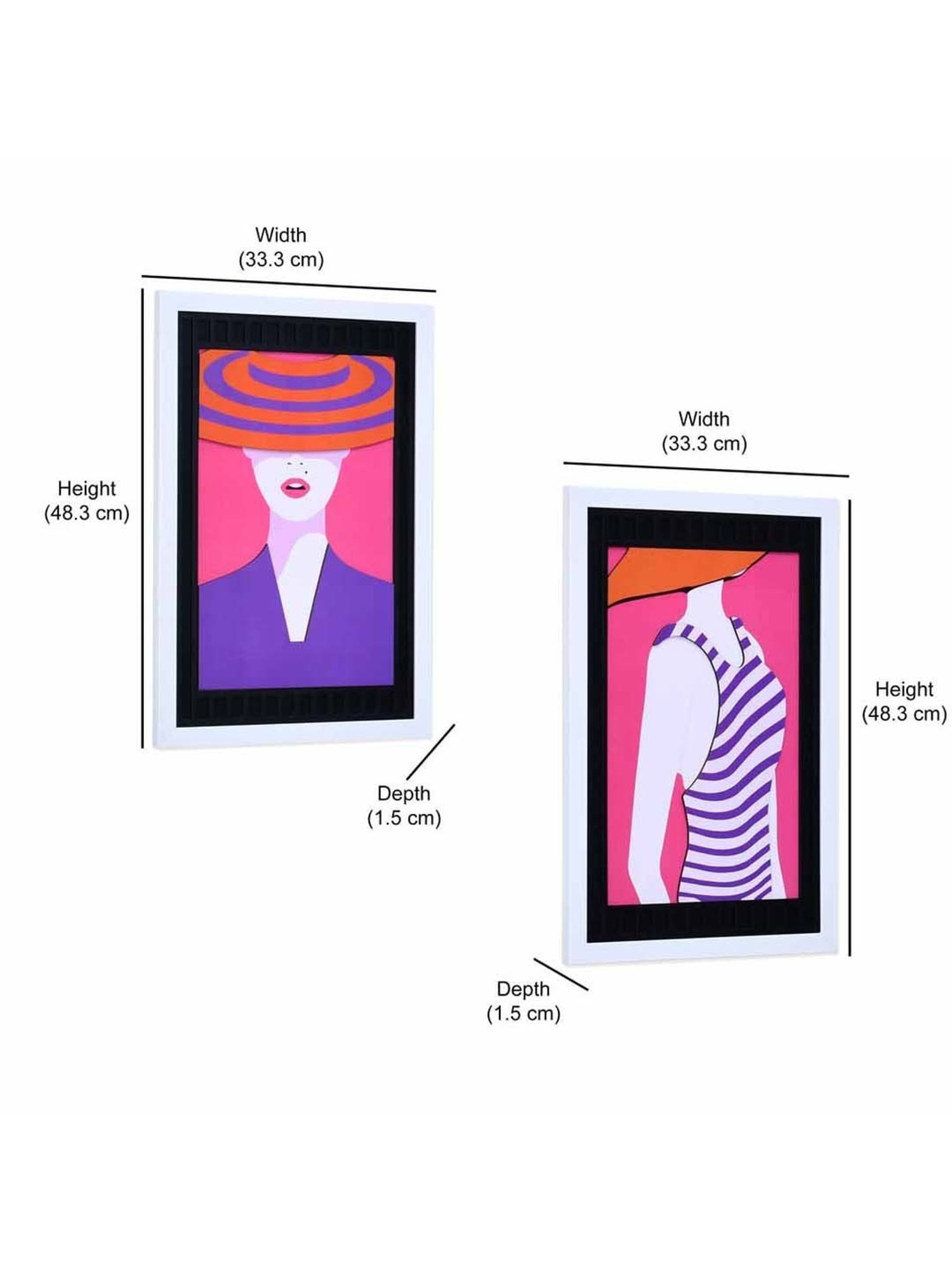 @Home Pink & Blue Mdf Lady In Hat 3D Wall Paintings - Set of 2