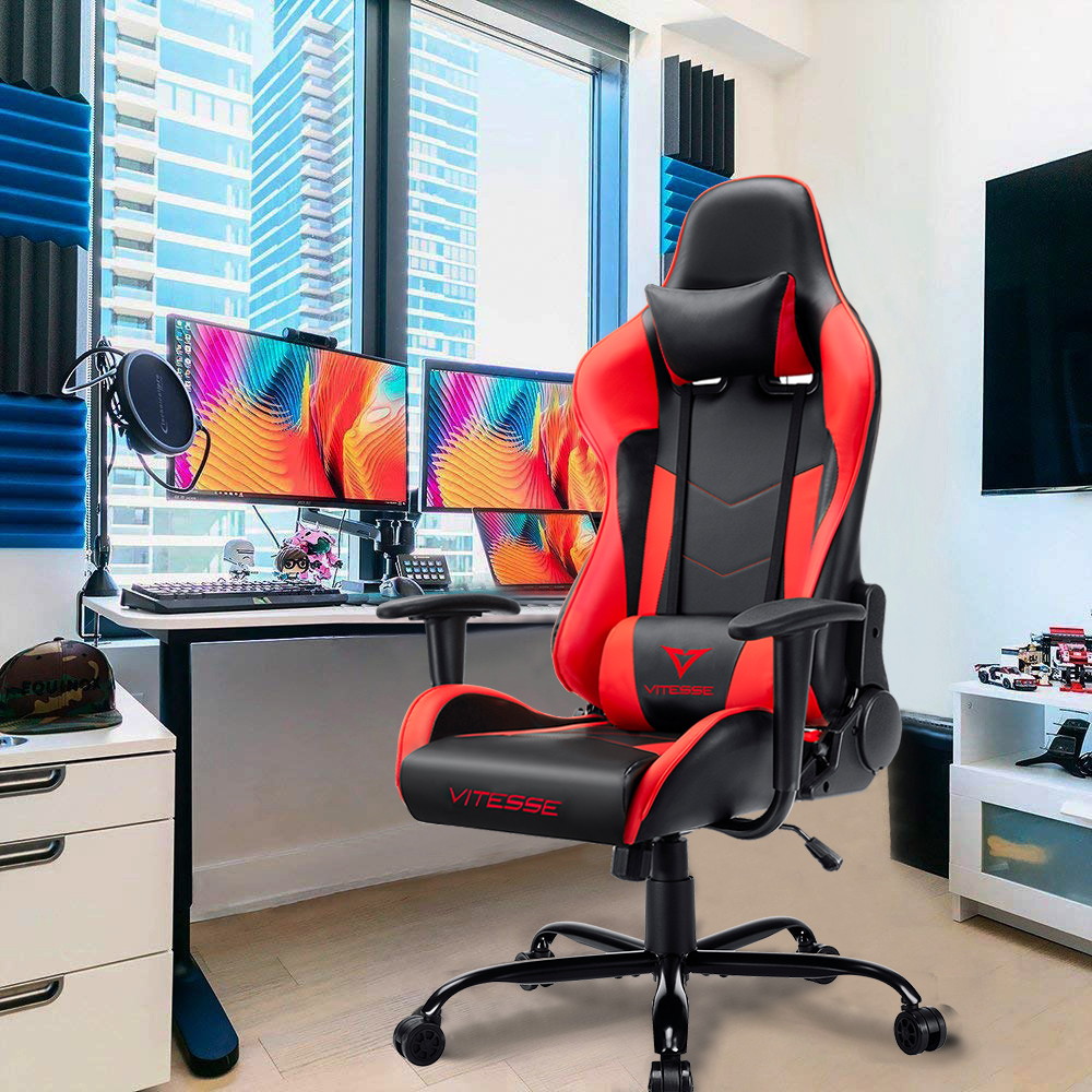 Vitesse Gaming Office Chair with Carbon Fiber Design, High Back Racing Style Seat, Swivel, Lumbar Support and Headrest(Red)