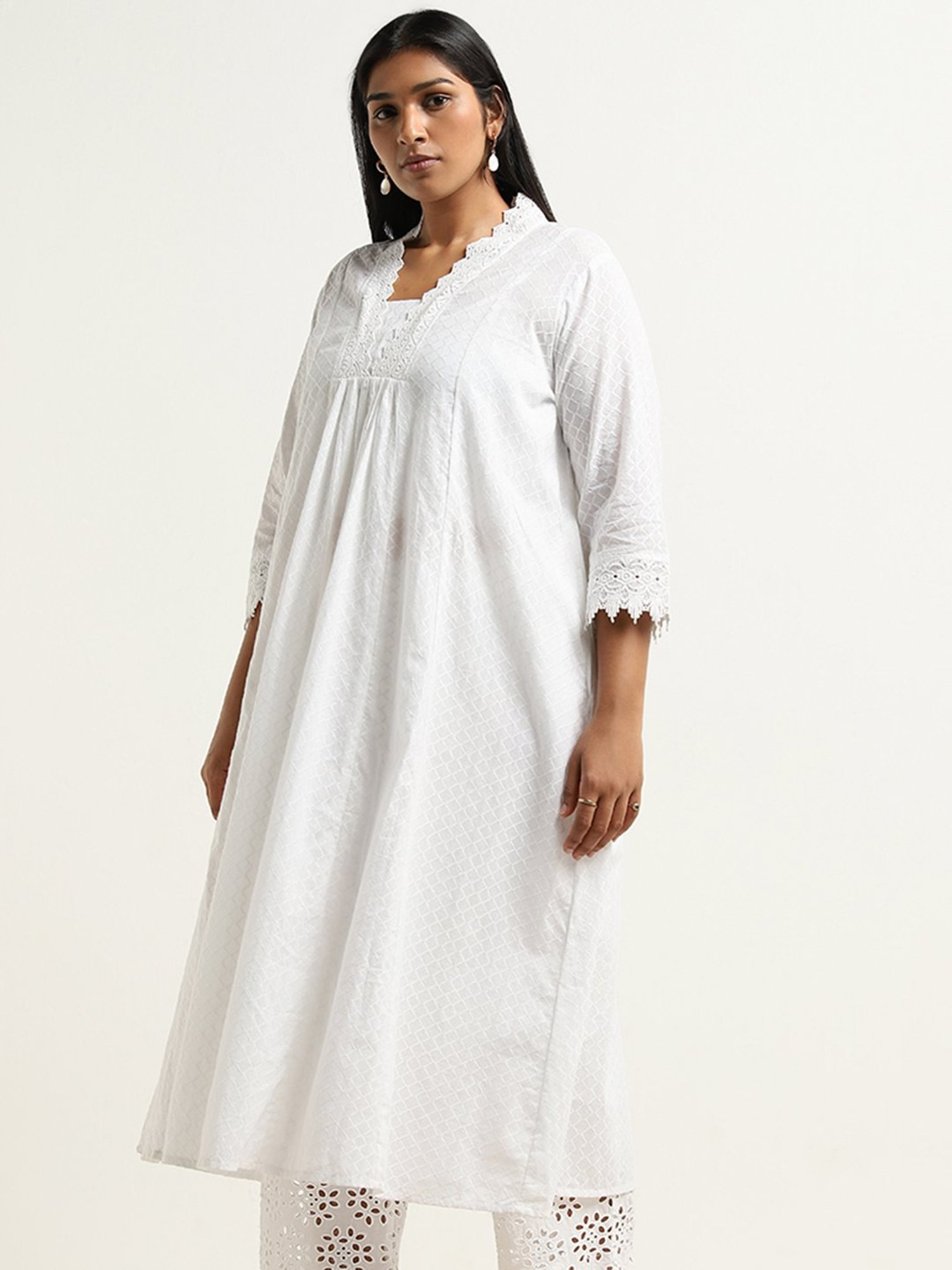 Diza by Westside White Crochet Detailed A-line Cotton Kurta