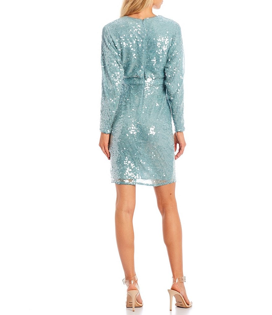 Aidan Aidan Mattox Sequin Tulip Hem Long Sleeve Crew Neck Dress