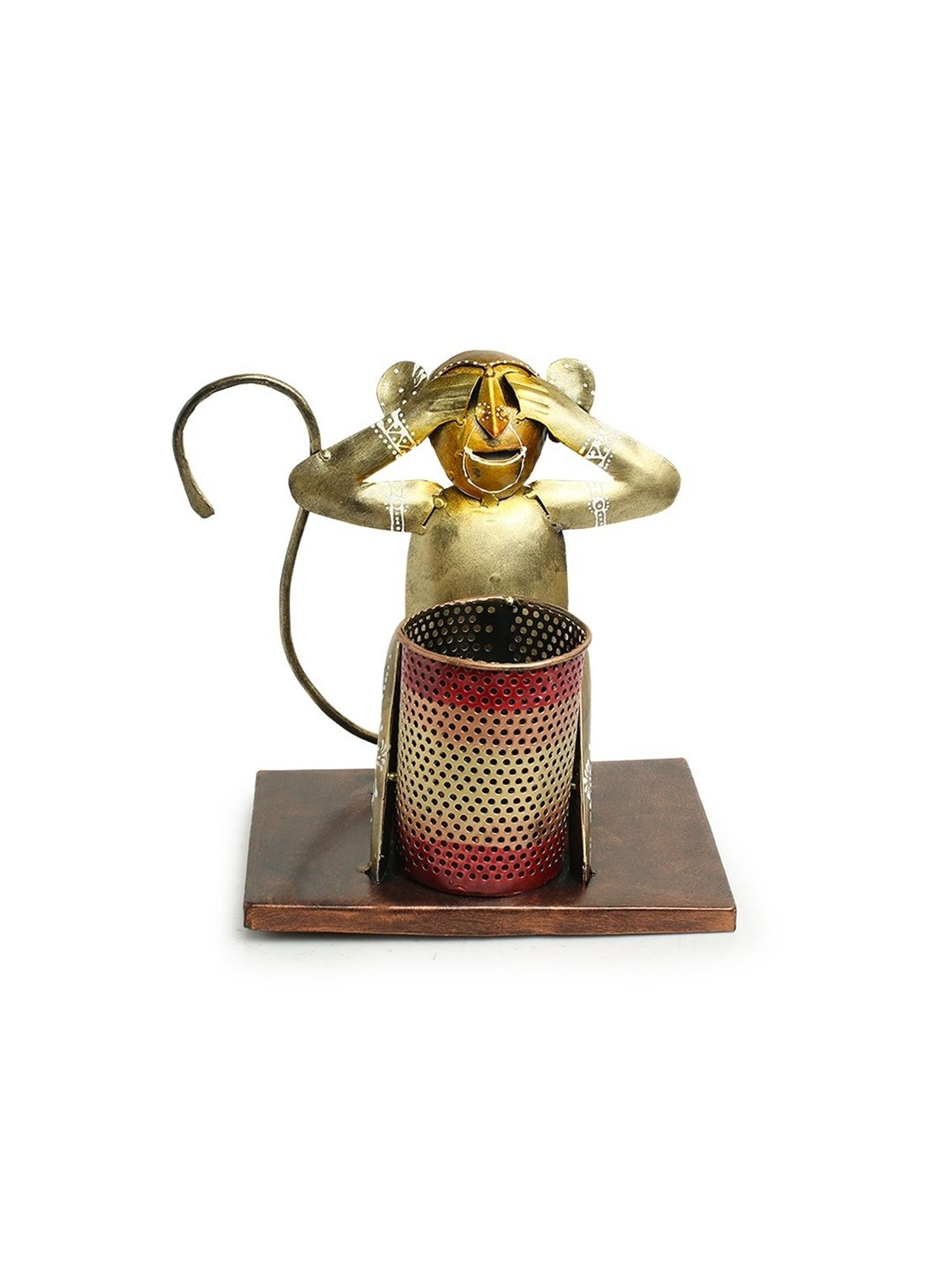 ExclusiveLane Gold Sheet Metal Monkey Mischiefs Hand-Painted Pen Stand
