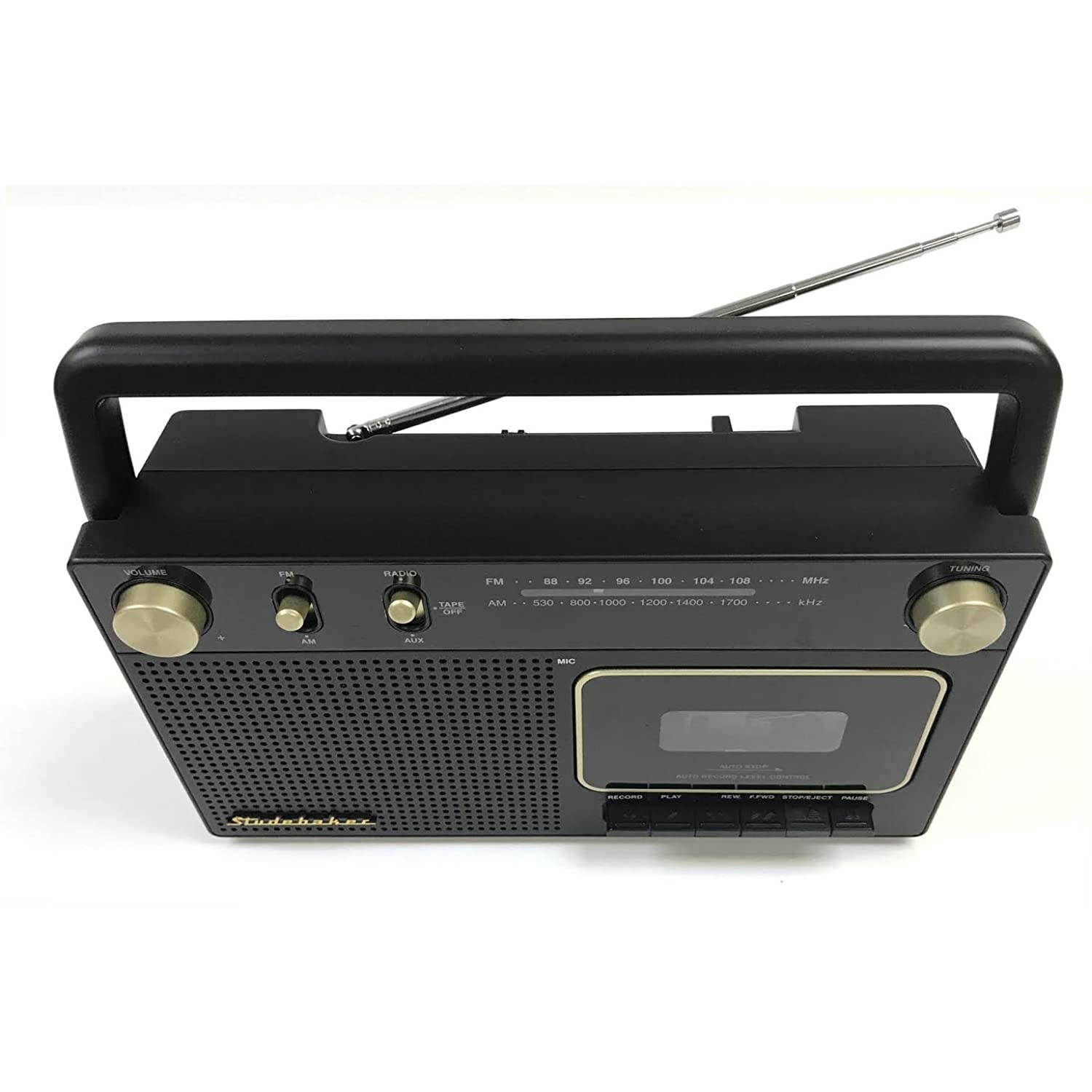 Studebaker Portable Retro Home Audio Stereo AM/FM Radio & Cassette Player/Recorder with Aux Input Jack & Built in Speakers (Gold)