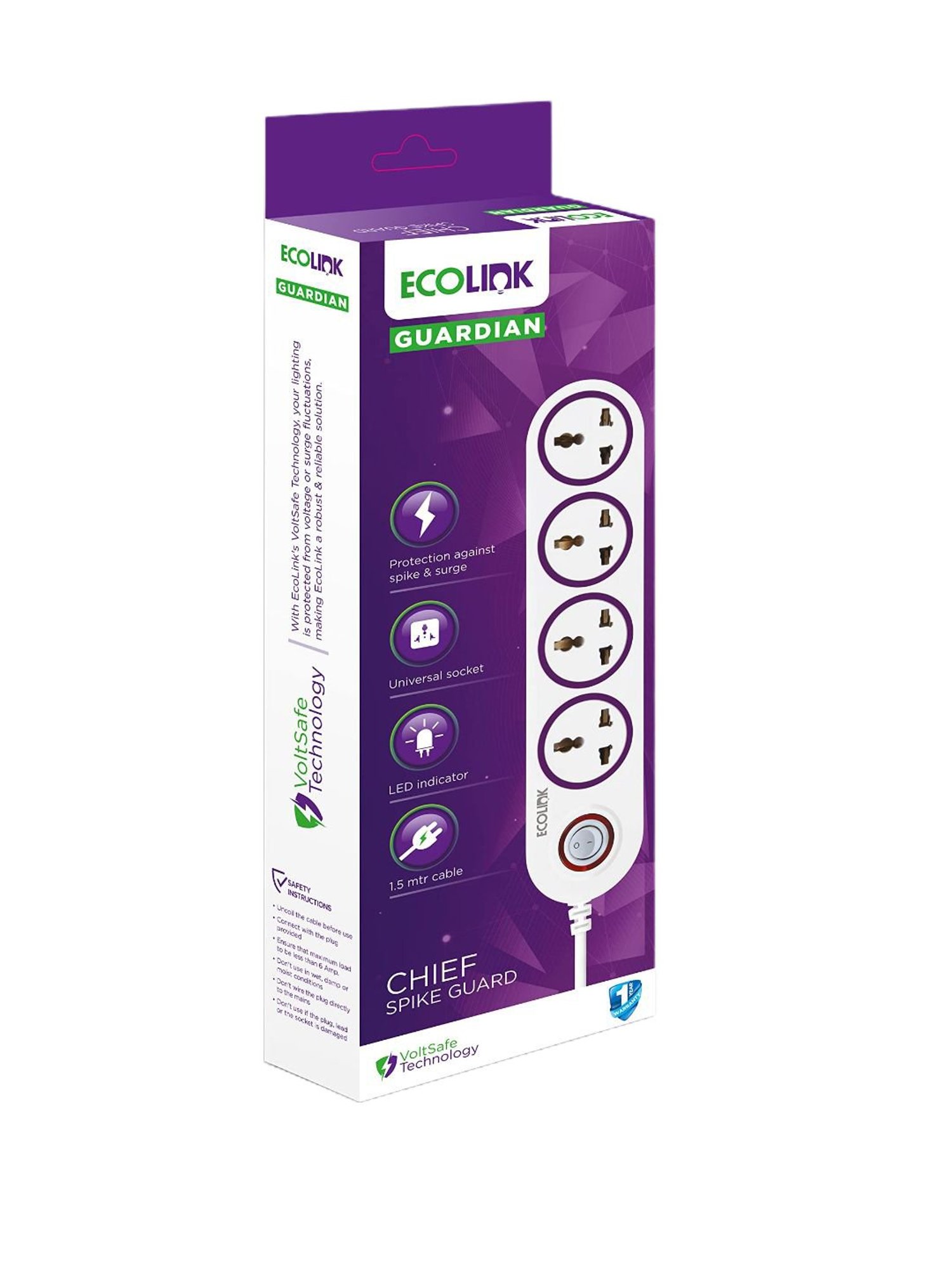 EcoLink 4 Way Extension Board with LED Indicator, Cable Length 1.5 Mtr - Pack of 4 (Purple)