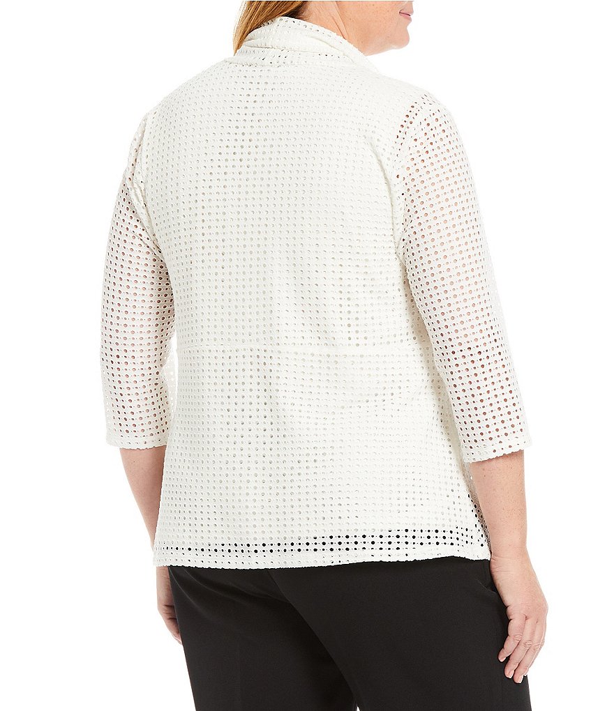 Kasper Plus Size Stretch Eyelet Knit 3/4 Sleeve Flyaway Cardigan