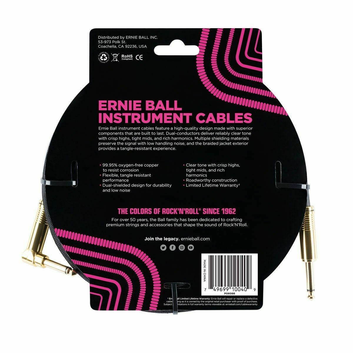 Ernie Ball 6086 18' Braided Black Straight to RA Instrument Cable