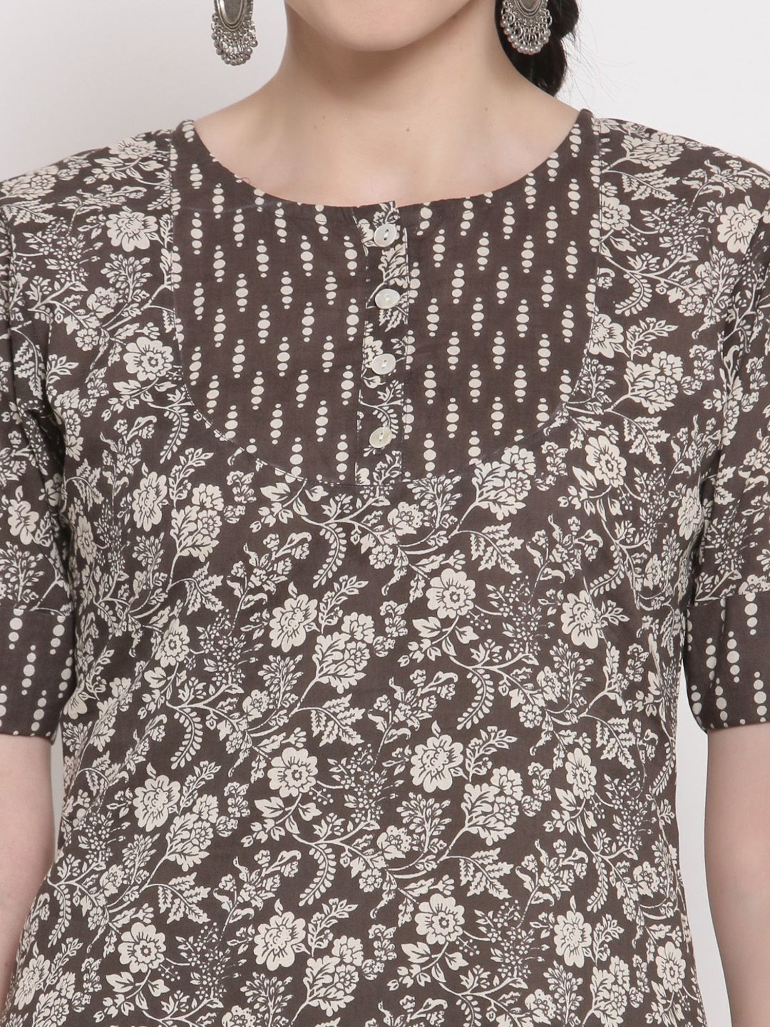 Indibelle Brown Cotton Floral Print Straight Kurta