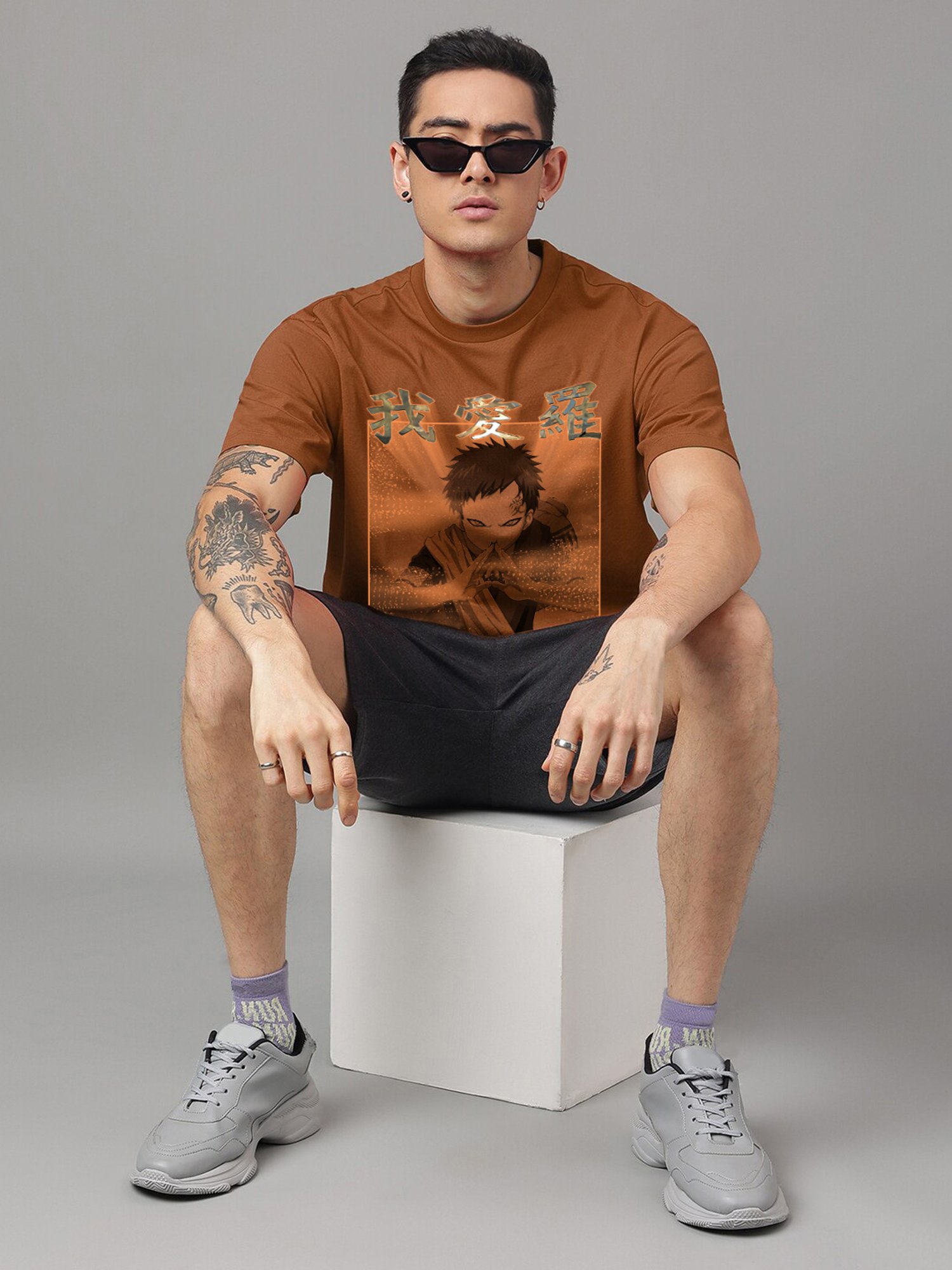 Free Authority Brown Loose Fit Naruto Printed Crew T-Shirt