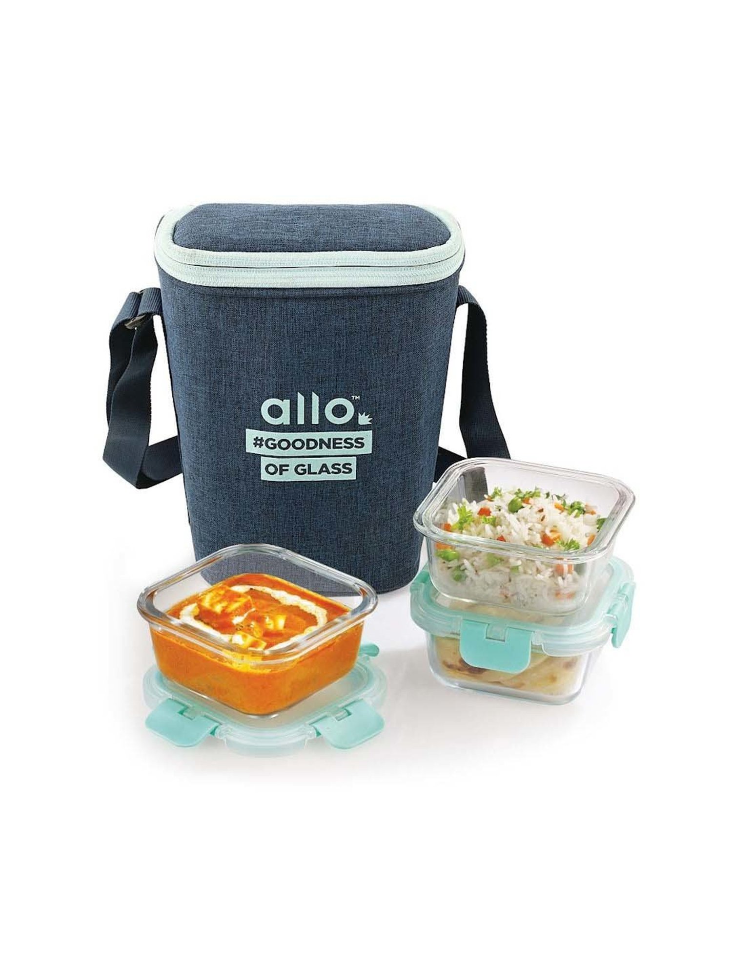 Allo Borosilicate Glass Lunch Box Microwave Oven Safe With Detachable Lock and Denim Blue Tiffin Bag
