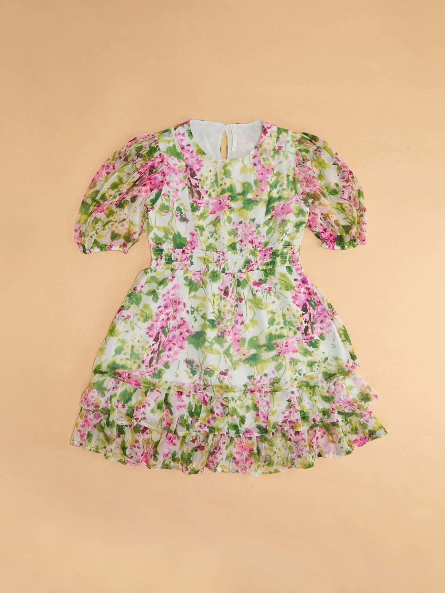 Pantaloons Junior Green & Pink Cotton Floral Print Dress