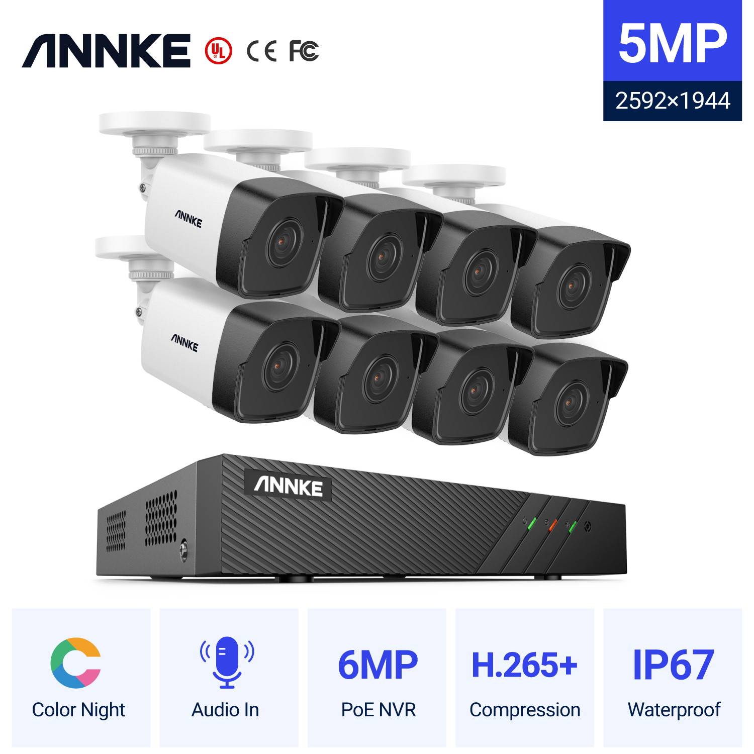 ANNKE 5MP PoE IP Security Camera System with ONVIF Bullet Cameras 6MP NVR 100 ft Color Night Vision Mic Remote Access Smart Motion Alerts IP67 Weatherproof for Outdoor Indoor CCTV Surveillance-NO HDD
