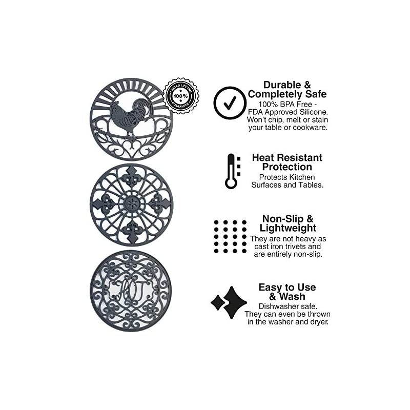 Trivet Set for Hot Dishes, Pots & Pans. These Modern Kitchen Hot Pads Come in 3 Different Country Decor Designs That Mimics Vintage Cast Iron Trivets. 7.5 inch Round, Set of 3, Dark Gray