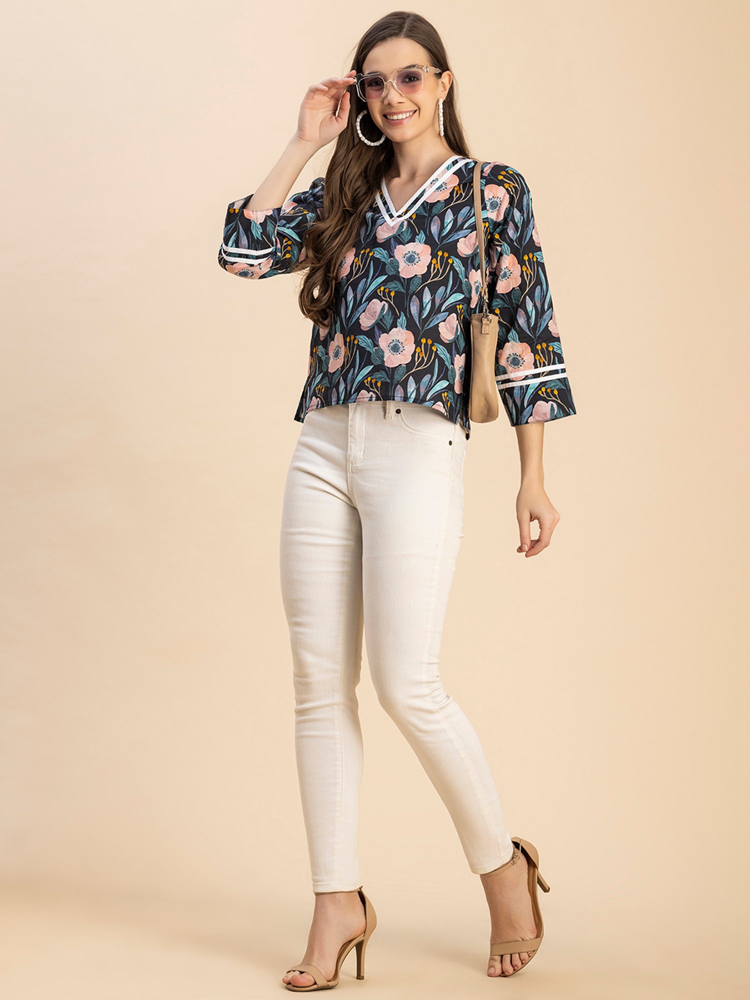 Moomaya Black Cotton Floral Print Top