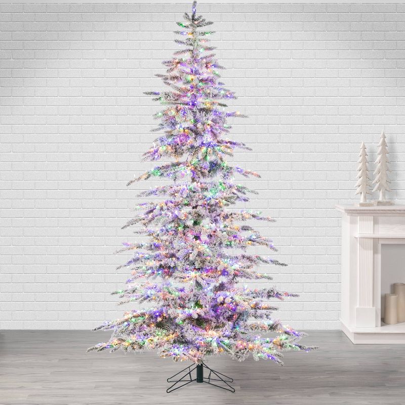 7.5ft Sterling Tree Company Full Flocked Mountain LED Pre-Lit Pine Artificial Christmas Tree