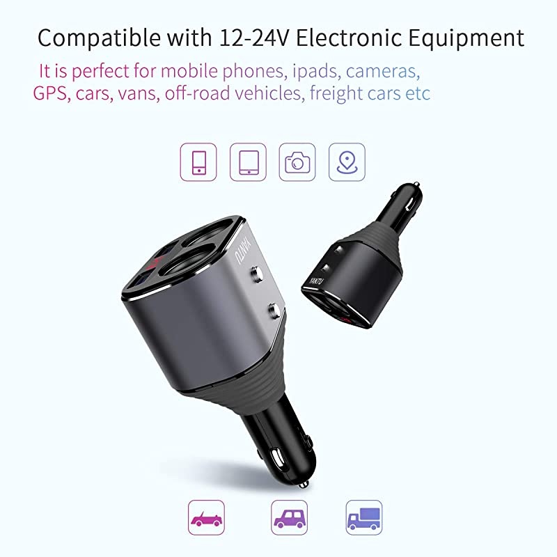 Cigarette Lighter SplitterDual USB Car ChargerLED Voltage Display2 Sockets12V Car Splitter Adapter for iPhone iPad Samsung GPS Dashcam Replaceable fus