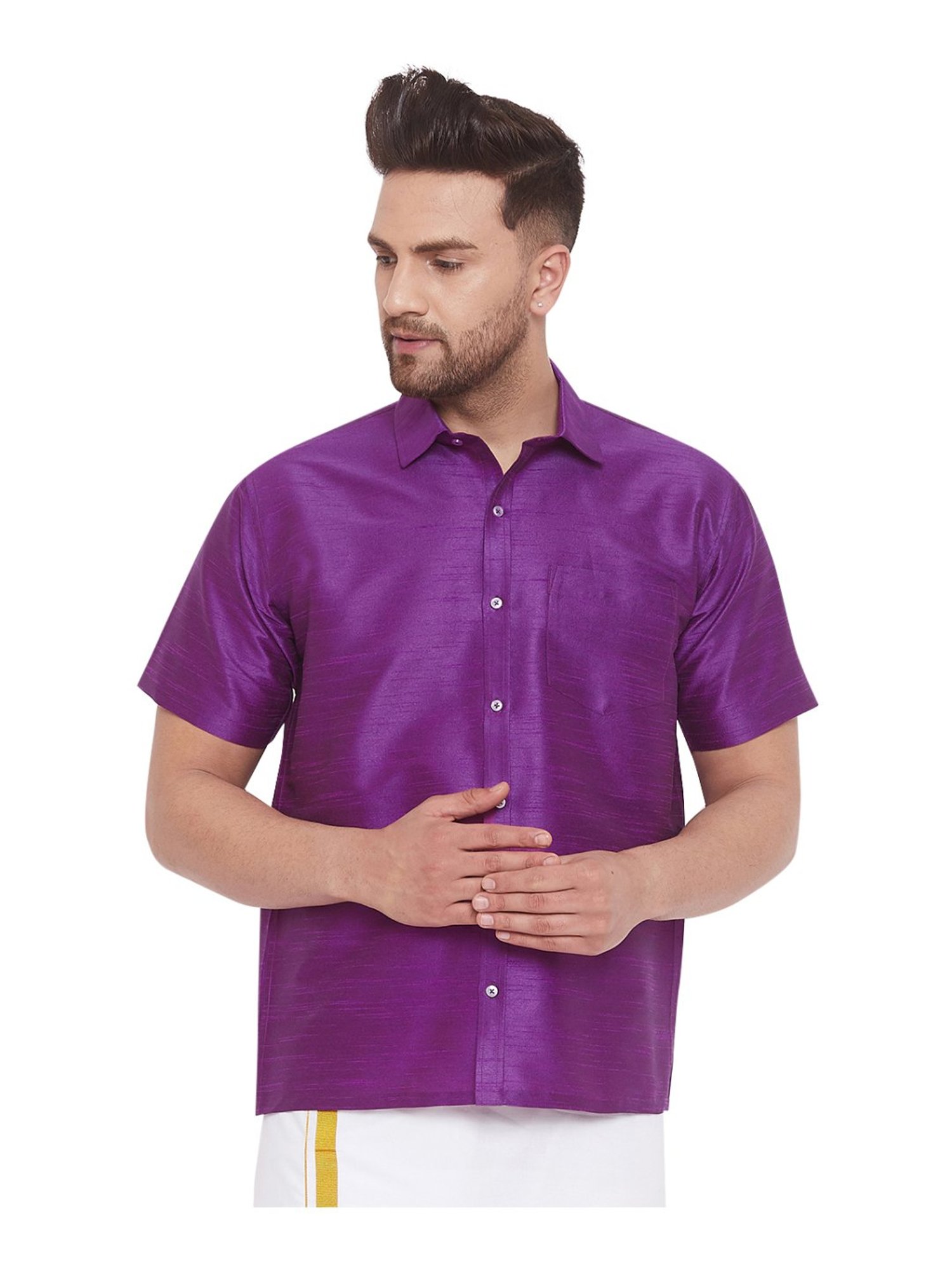 VASTRAMAY Purple Straight Fit Self Pattern Ethnic Shirt