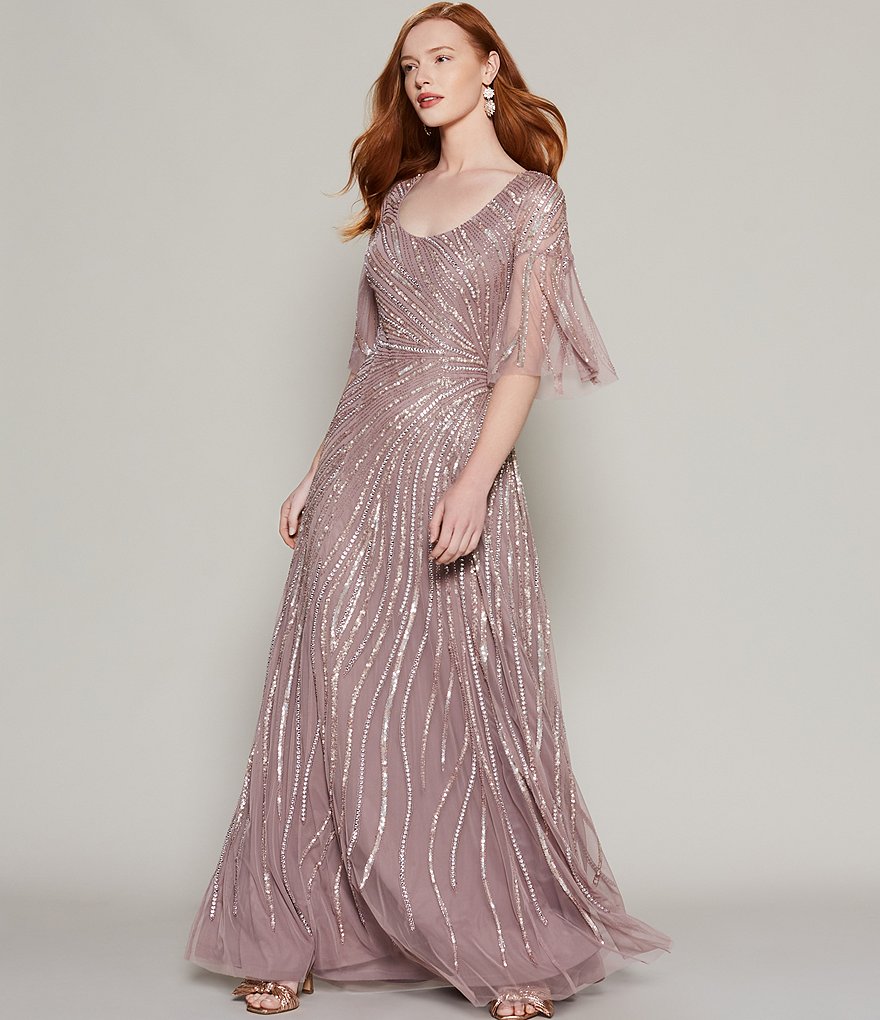 Aidan Mattox Flutter Sleeve Scoop Neck Beaded Mesh Gown