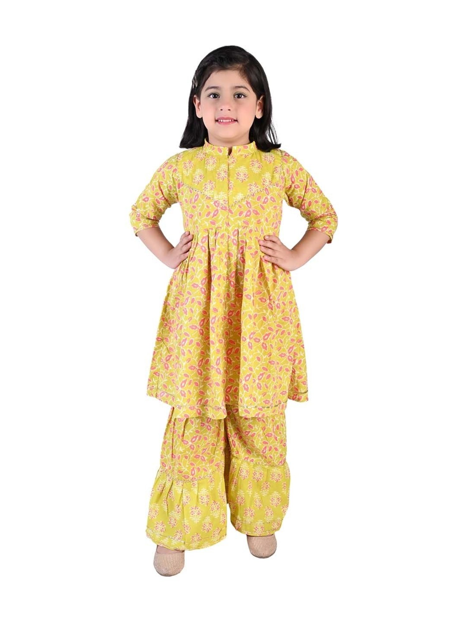 Ahhaaaa Kids Mustard Cotton Floral Print Kurti Set