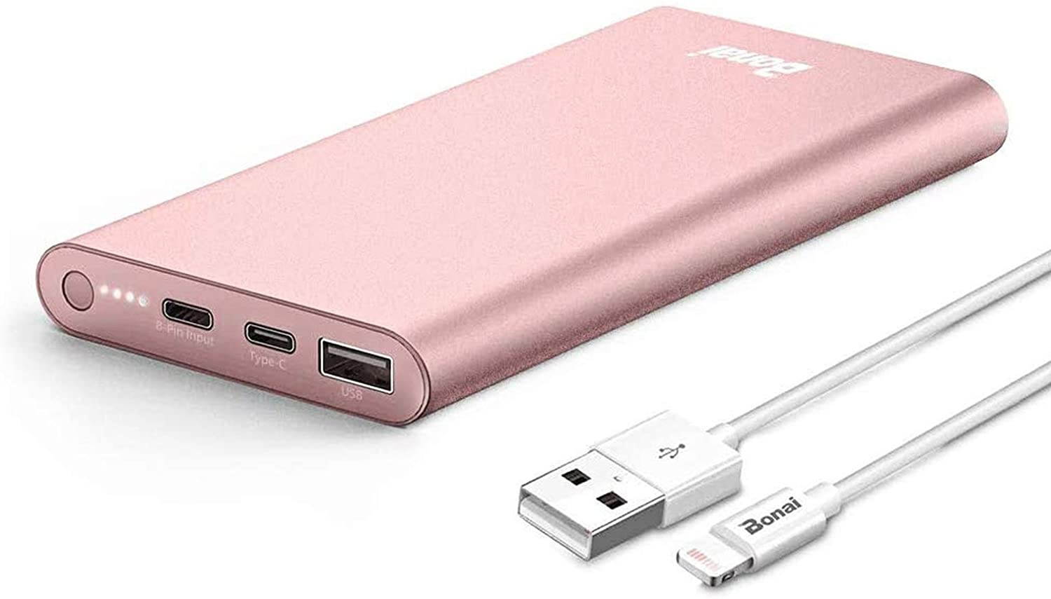 BONAI Portable Charger (Aluminum)(Powerful) 12000mAh Power Bank USB C High-Speed 3.0A Input/Output External Battery Pack Compatible with iPhone iPad Samsung Android-Blush Gold