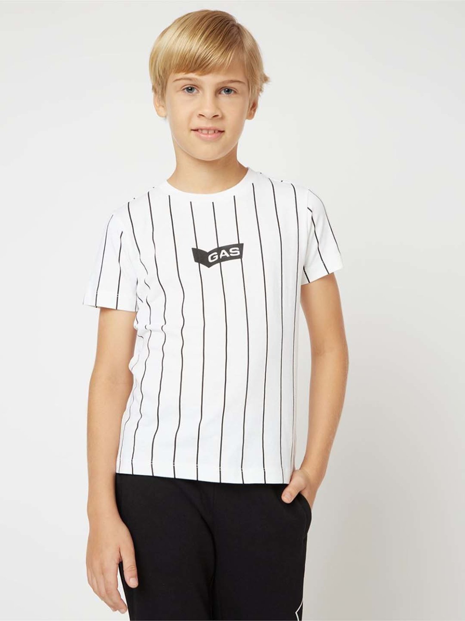 Gas Kids White Cotton Striped T-Shirt