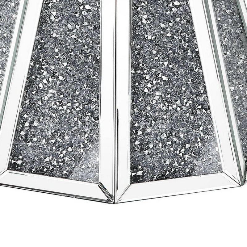 Multiple Faceted Mirrored End Table with Faux Diamonds Silver - Benzara