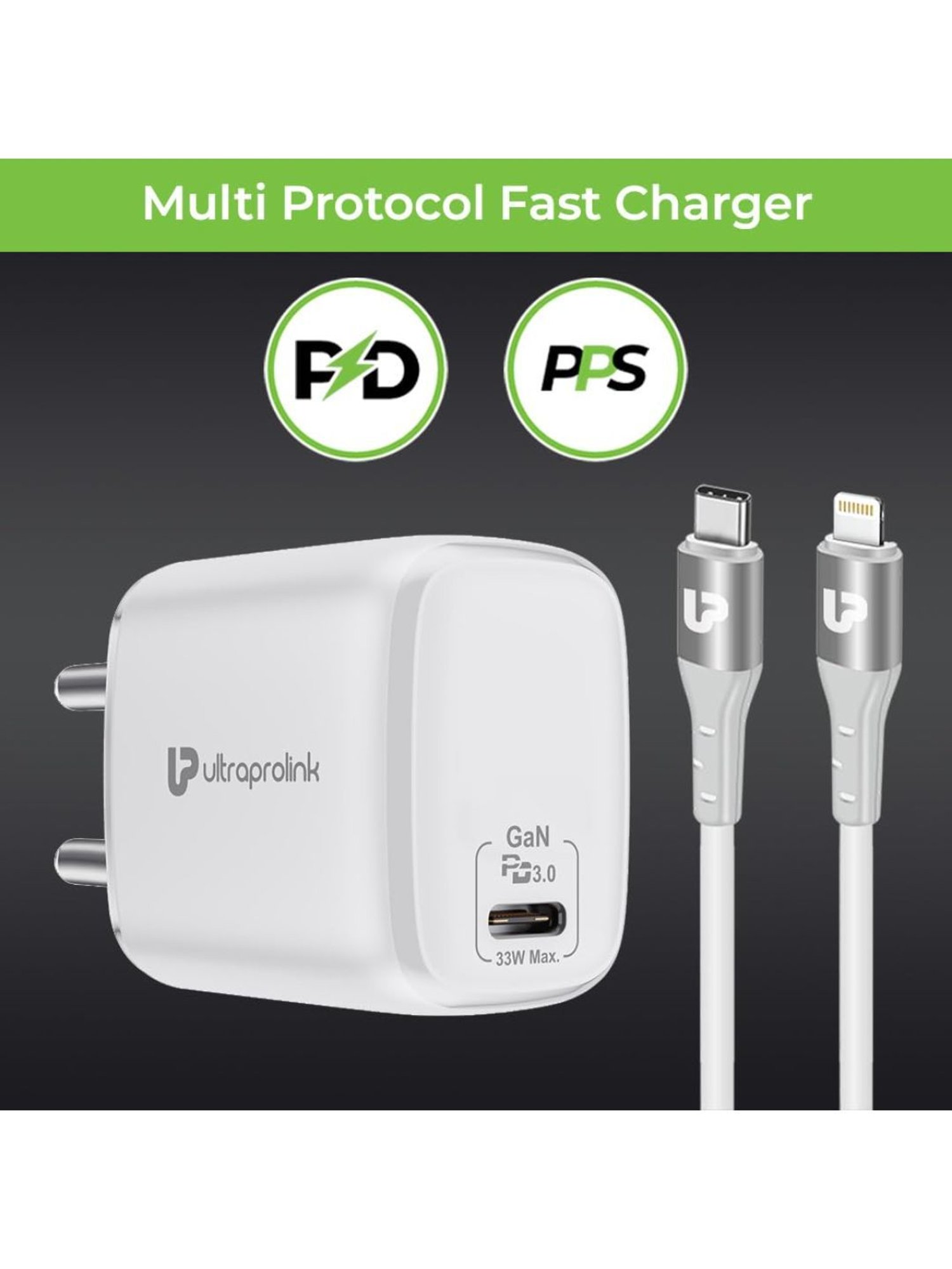 UltraProlink UM1102L Boost PD33L 33W GaN Charger With Type C Port, Type C to iPhone Cable (White)