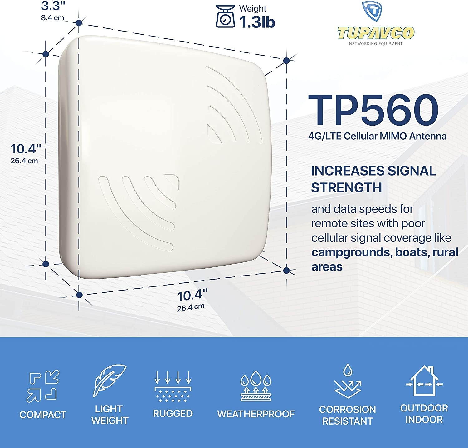 MIMO Cellular 9dBi X-POL 4G/LTE Antenna with Pole Mount 10 inch Length - 1.5" Mast Diameter (Mounting Hardware Included) - Tupavco TP560 w/Tupavco TP570