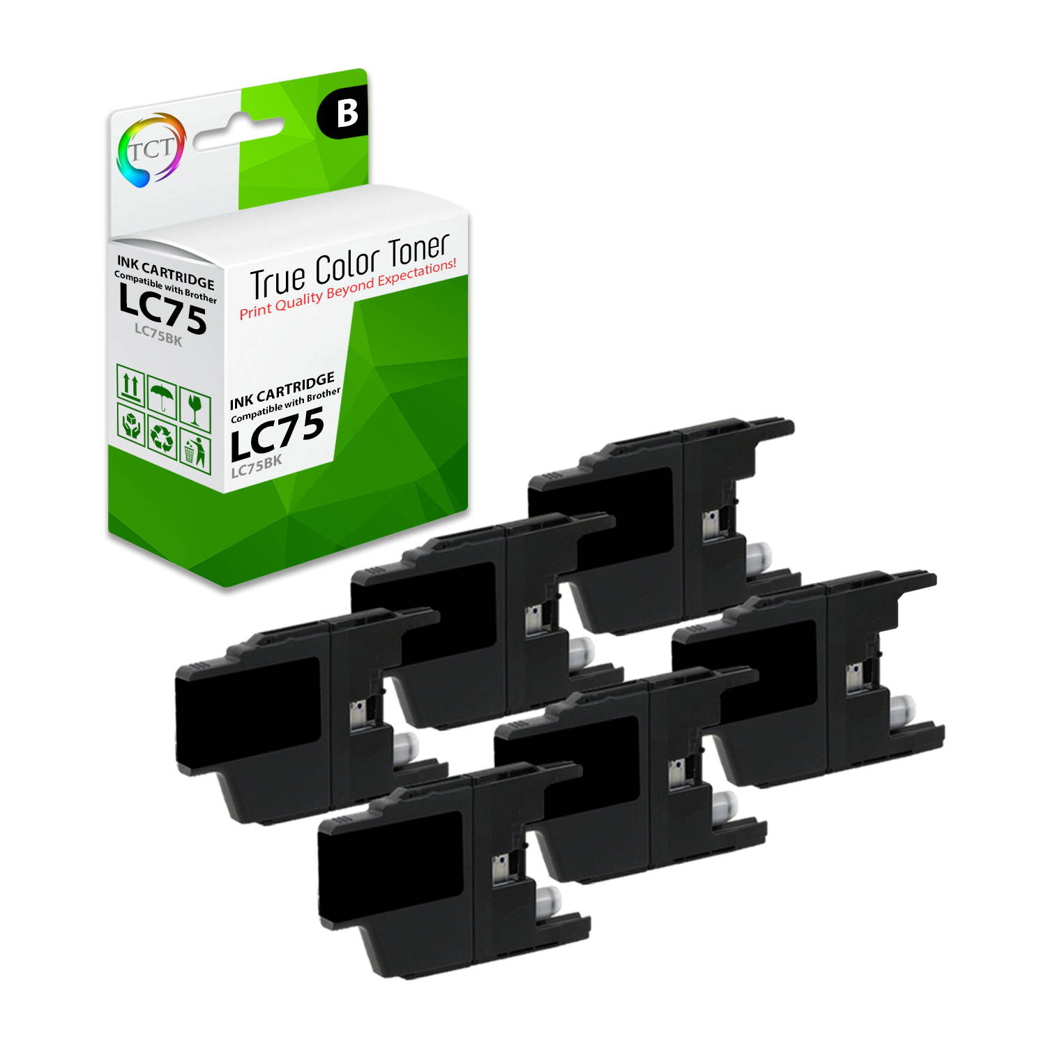 TCT Compatible Ink Cartridge Replacement for Brother LC75 LC75BK Black works with Brother MFC-J430W J825DW J435W J425W J280W J625DW Printers (600 Pages) - 6 Pack