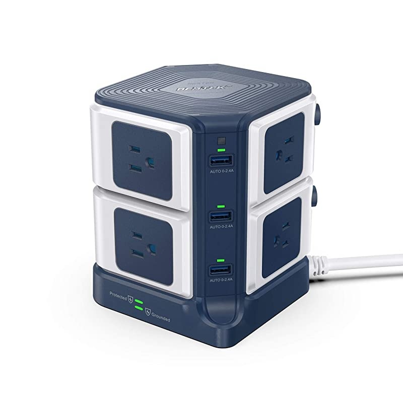Power Strip Tower 8-Outlet and 6 Smart USB Charging Ports 1500 Joules Surge Protector with 6 Feet Extension Cord ETL Listed