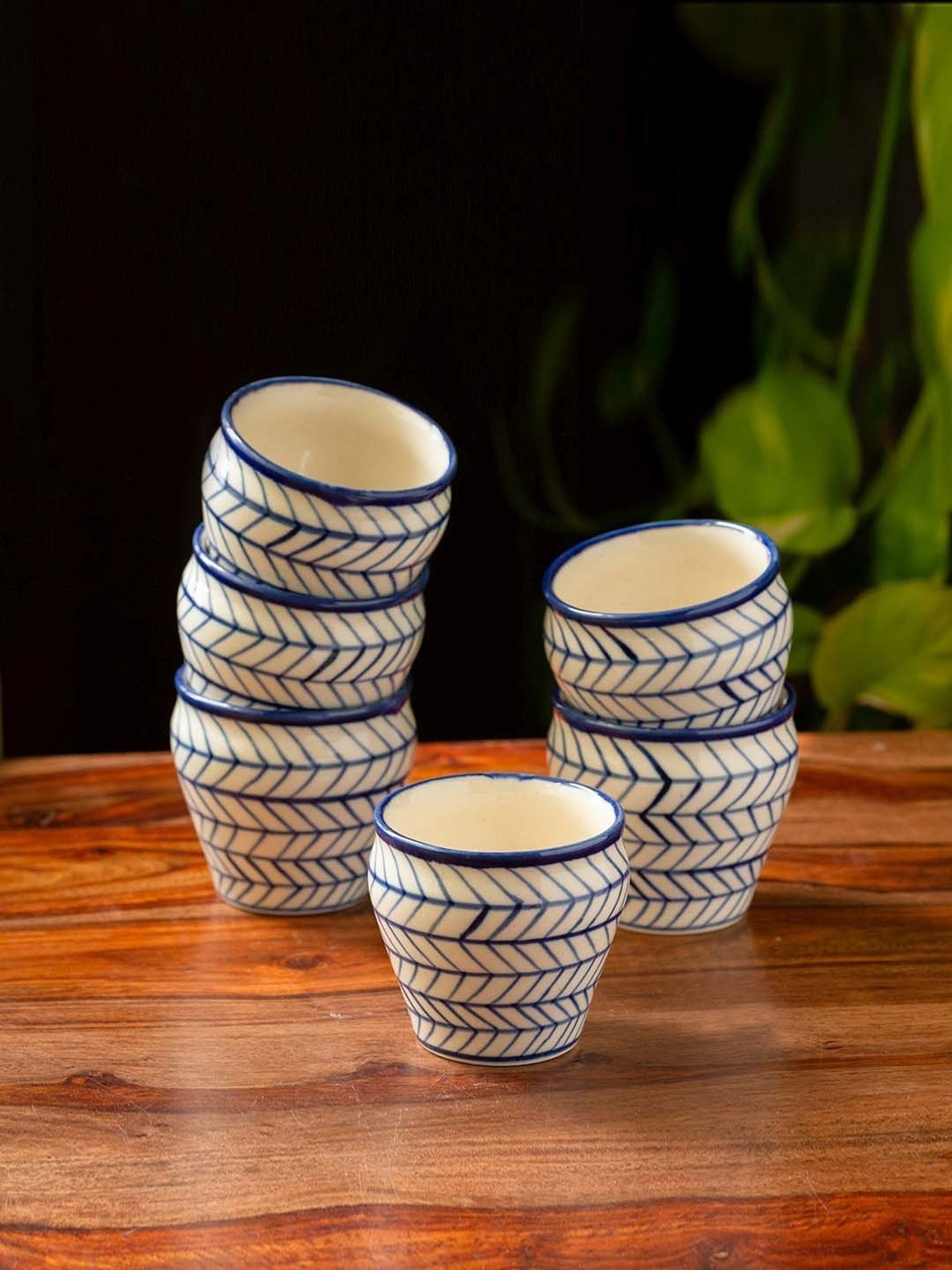 ExclusiveLane Indigo Blue & White Ceramic Hand-Painted Kulhad - Set of 6