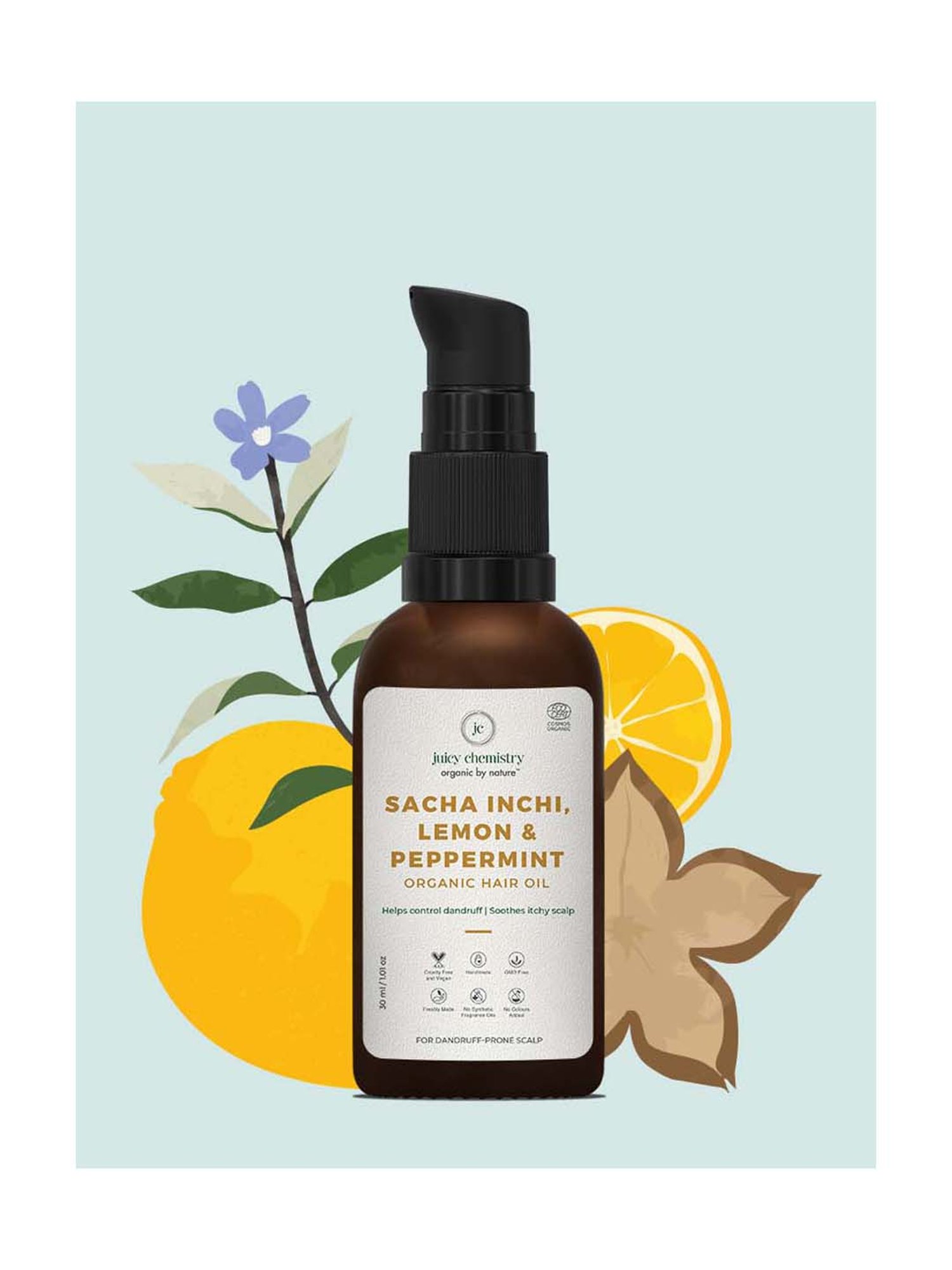 Juicy Chemistry Organic Sacha Inchi Lemon & Peppermint Hair Oil - 30 ml