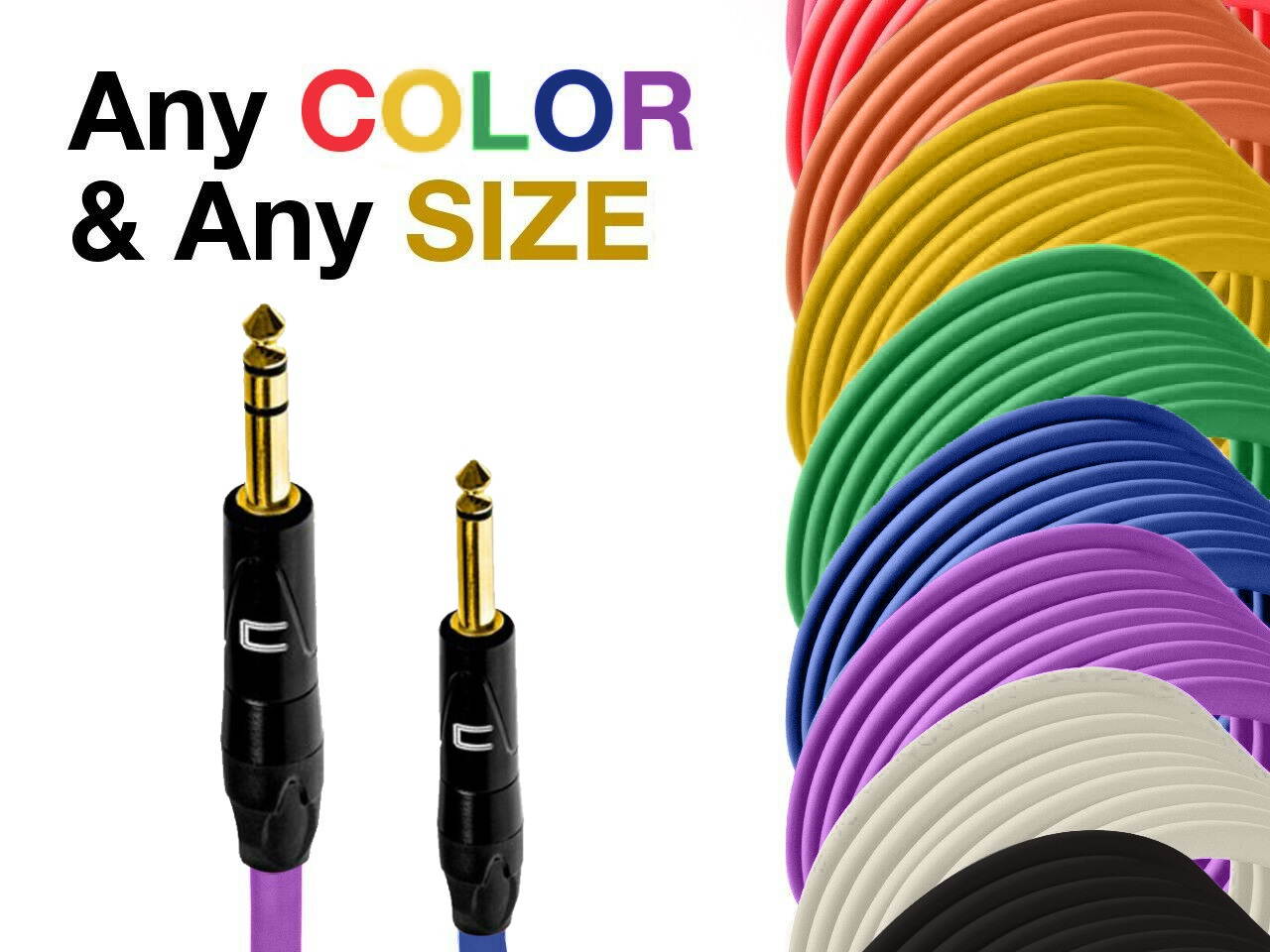 1/4" TRS Male to TS Unbalanced Mono Cable - Custom Length, Color Connector Cord