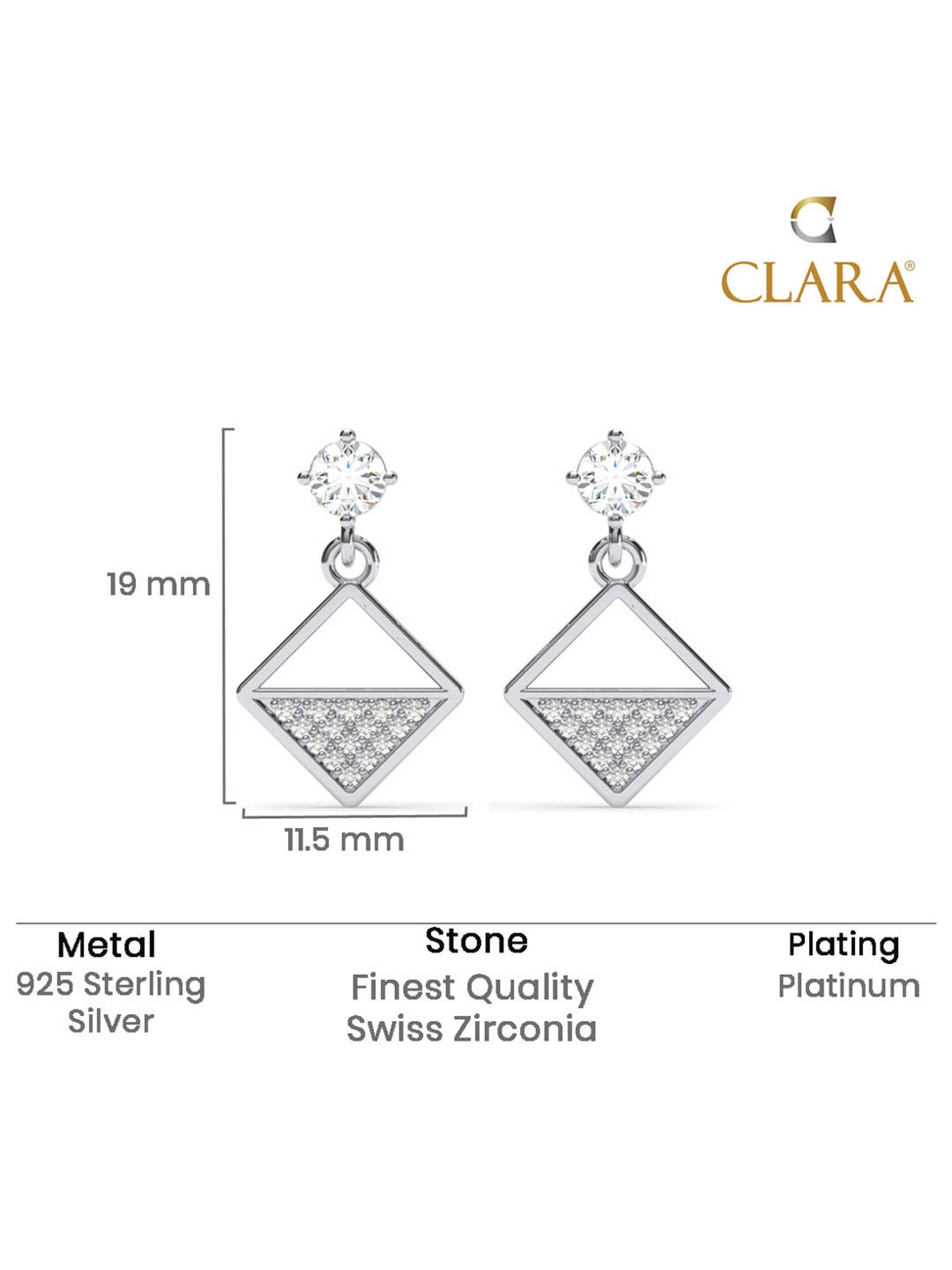 Clara 925 Silver Platinum Plated Swiss Zirconia Zeta Square Earrings Elegant Gift for Women