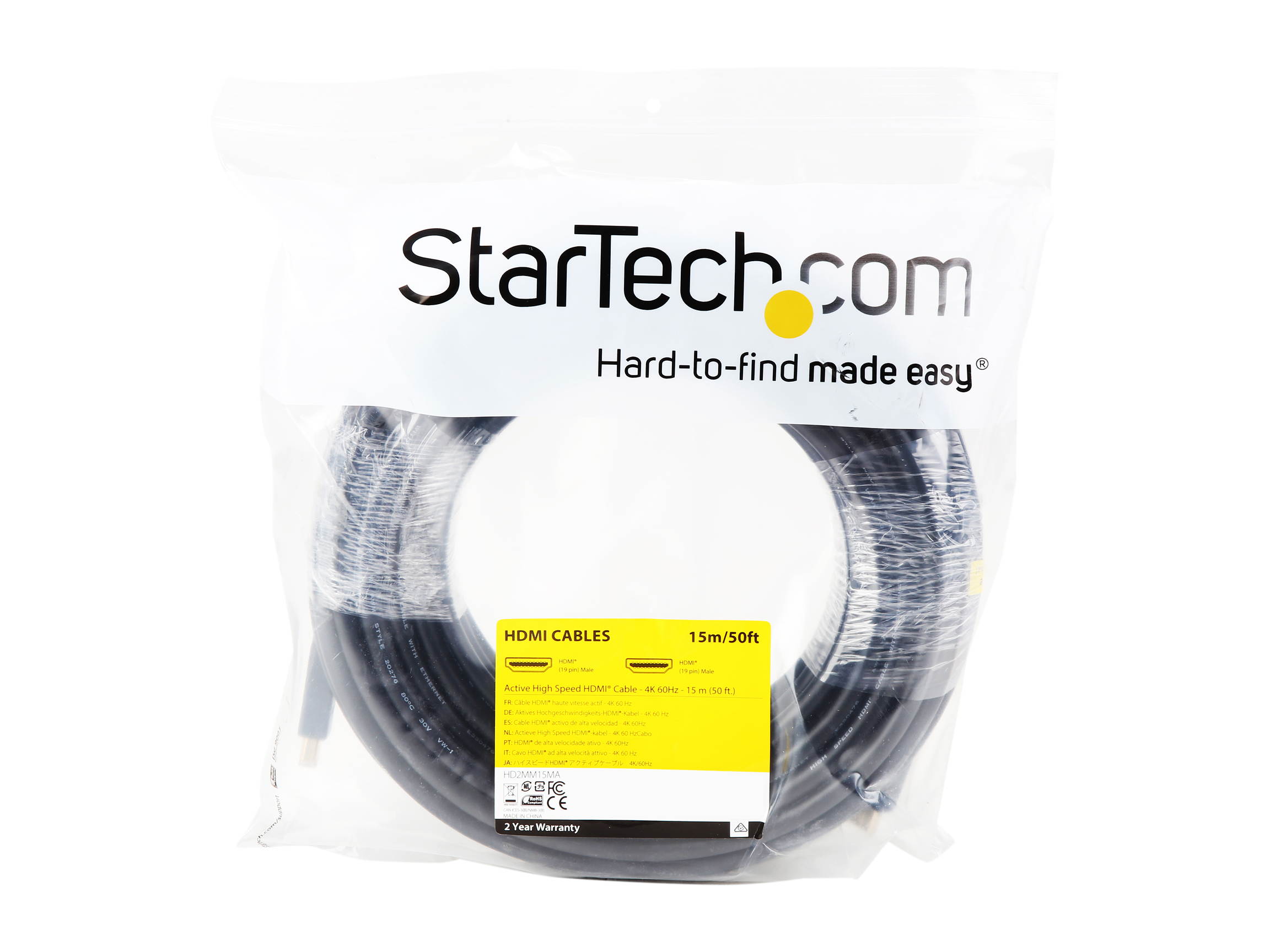 StarTech.com HD2MM15MA CL2 HDMI Cable - 50 ft / 15m - Active - High Speed - 4K HDMI Cable - HDMI 2.0 Cable - In Wall HDMI Cable with Ethernet