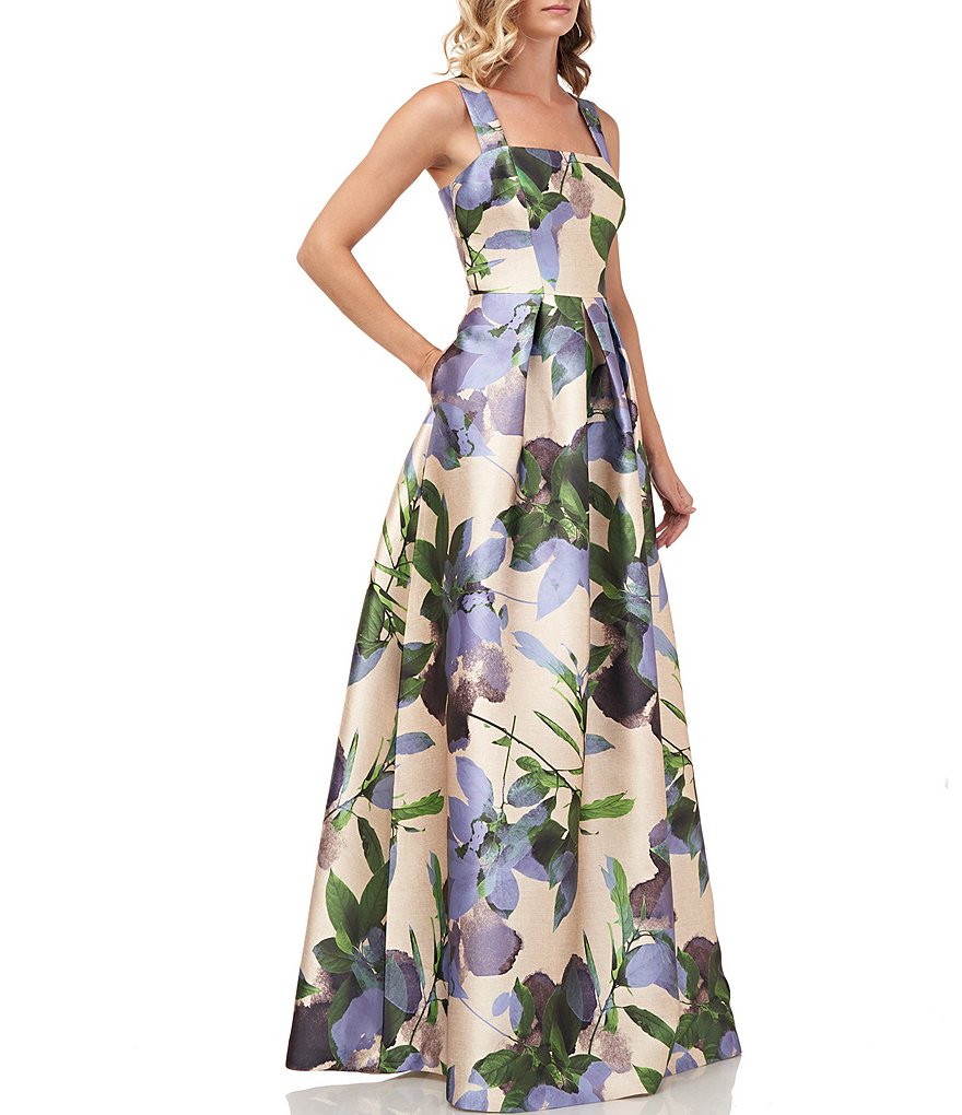 Kay Unger Brittney Printed Floral Mikado Square Neck Sleeveless Ball Gown