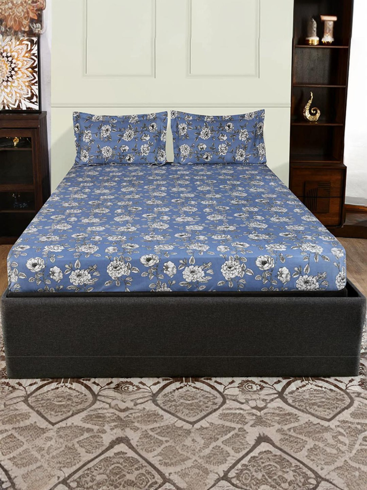 @Home Aurora Blue 130 GSM Polyester Double Bedsheet with 2 Pillow Covers