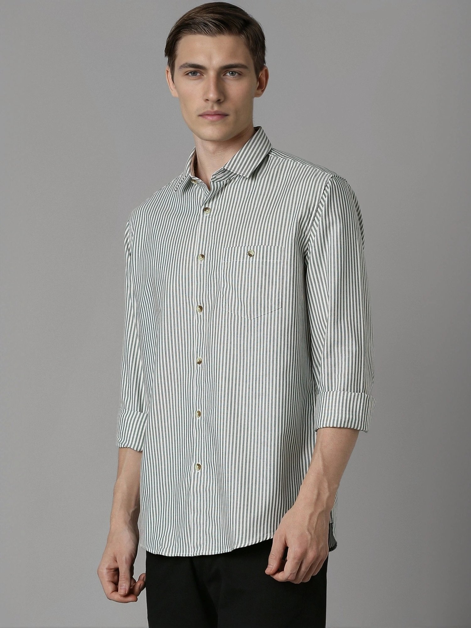 Louis Philippe Grey Cotton Slim Fit Striped Shirt