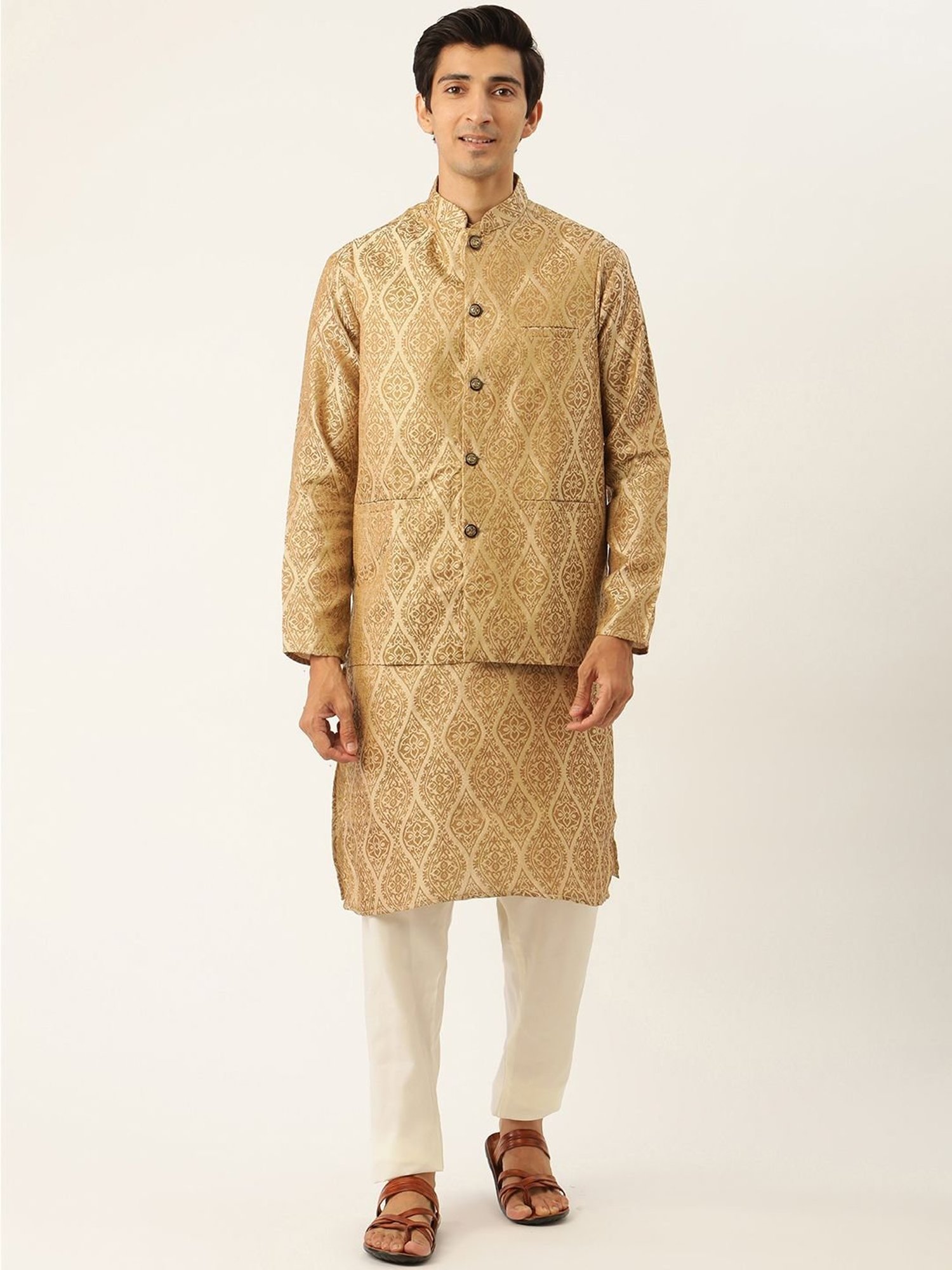Sojanya Beige Regular Fit Self Pattern Kurta Set With Jacket