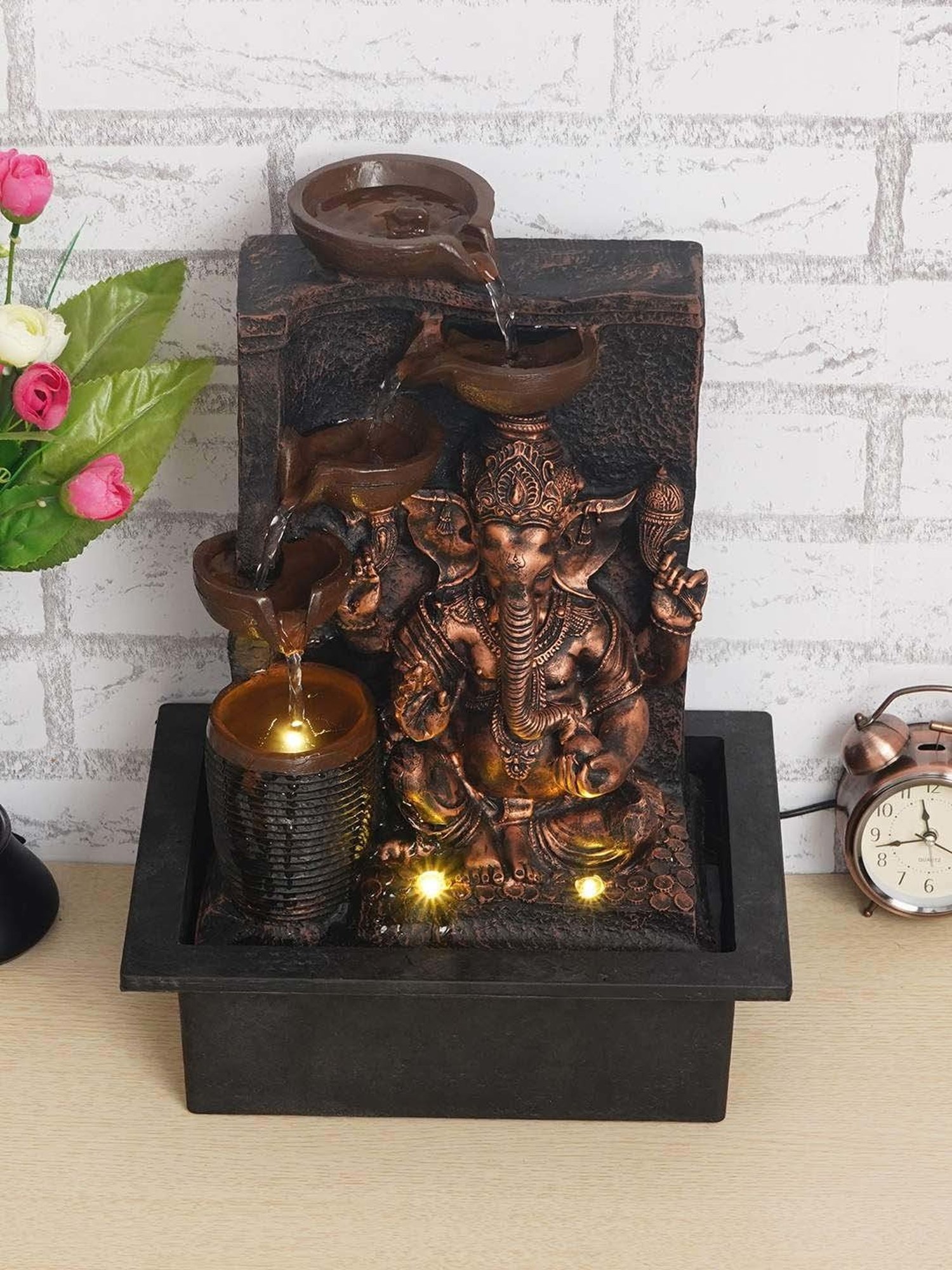 CHRONIKLE Golden Brown Polyresin Ganesha Idol 4 Steps Waterfall Fountain