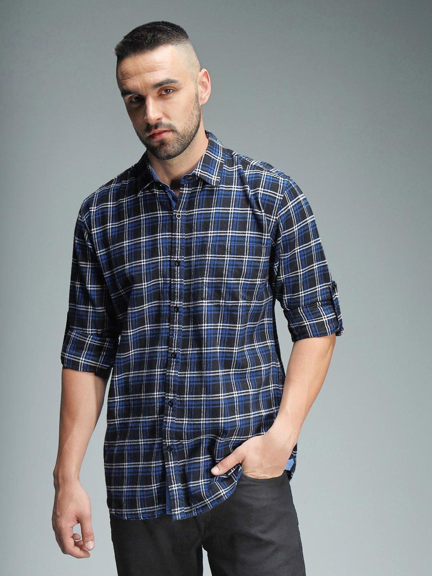 High Star Blue Cotton Regular Fit Checks Shirt
