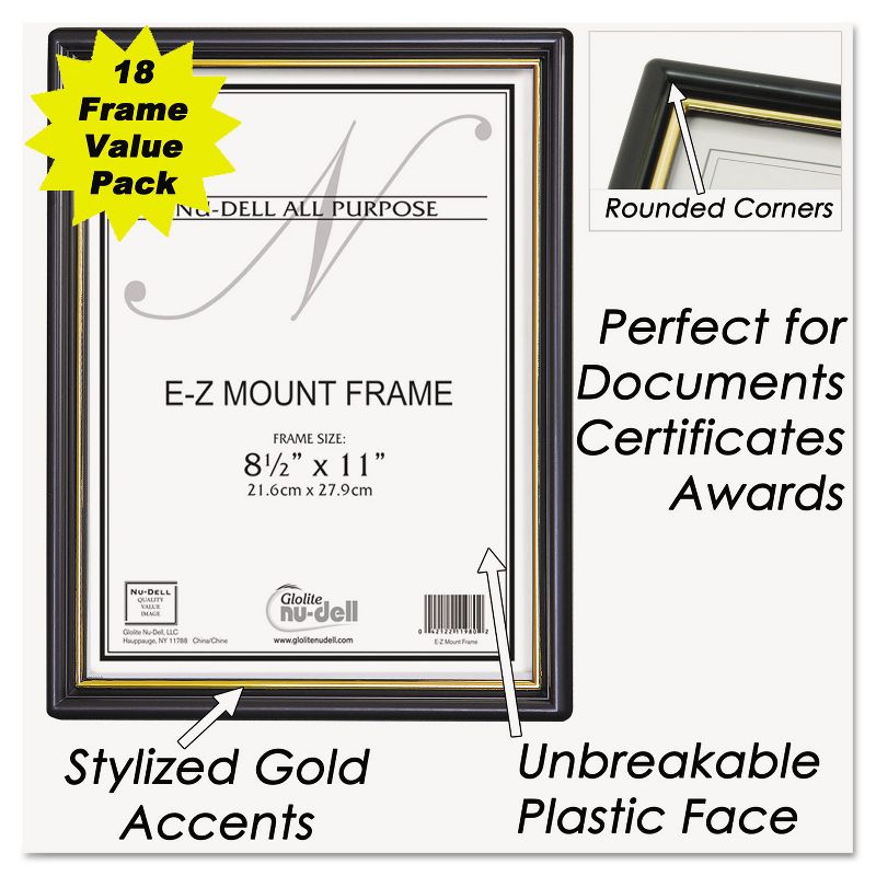 Nudell EZ Mount Document Frame w/Trim Accent Plastic 8-1/2 x 11 Black/Gold 18/CT 11818